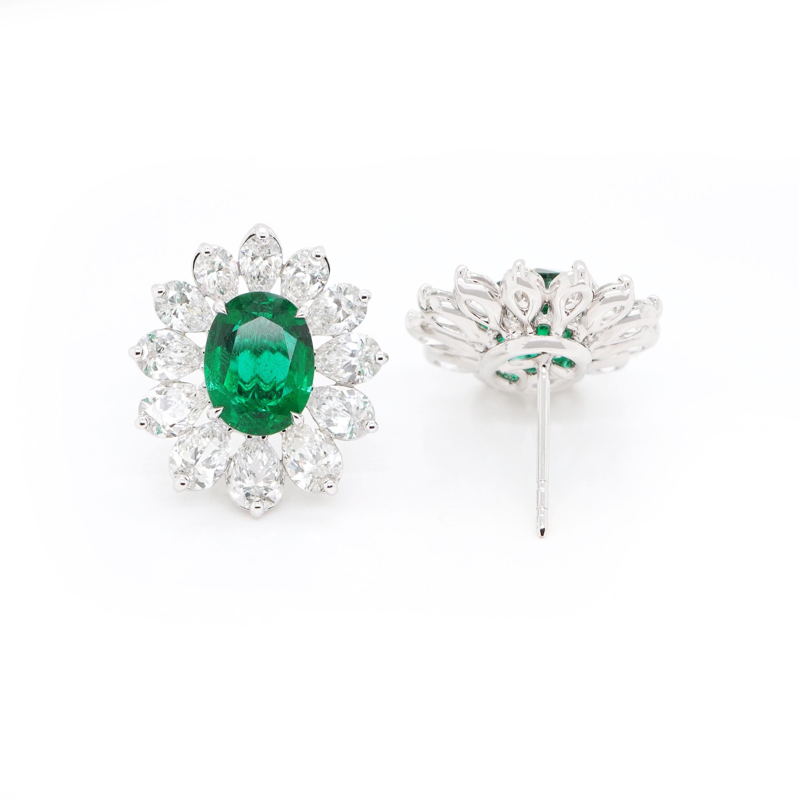 CDC Certified 13.18 carats Zambian Emerald and Diamond Stud Earrings In New Condition For Sale In Yorba Linda, CA