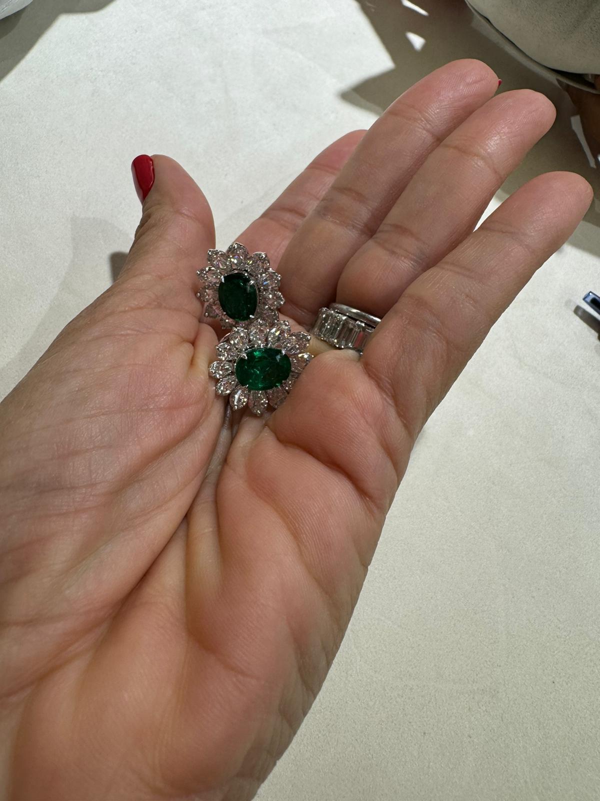 CDC Certified 13.18 carats Zambian Emerald and Diamond Stud Earrings For Sale 2