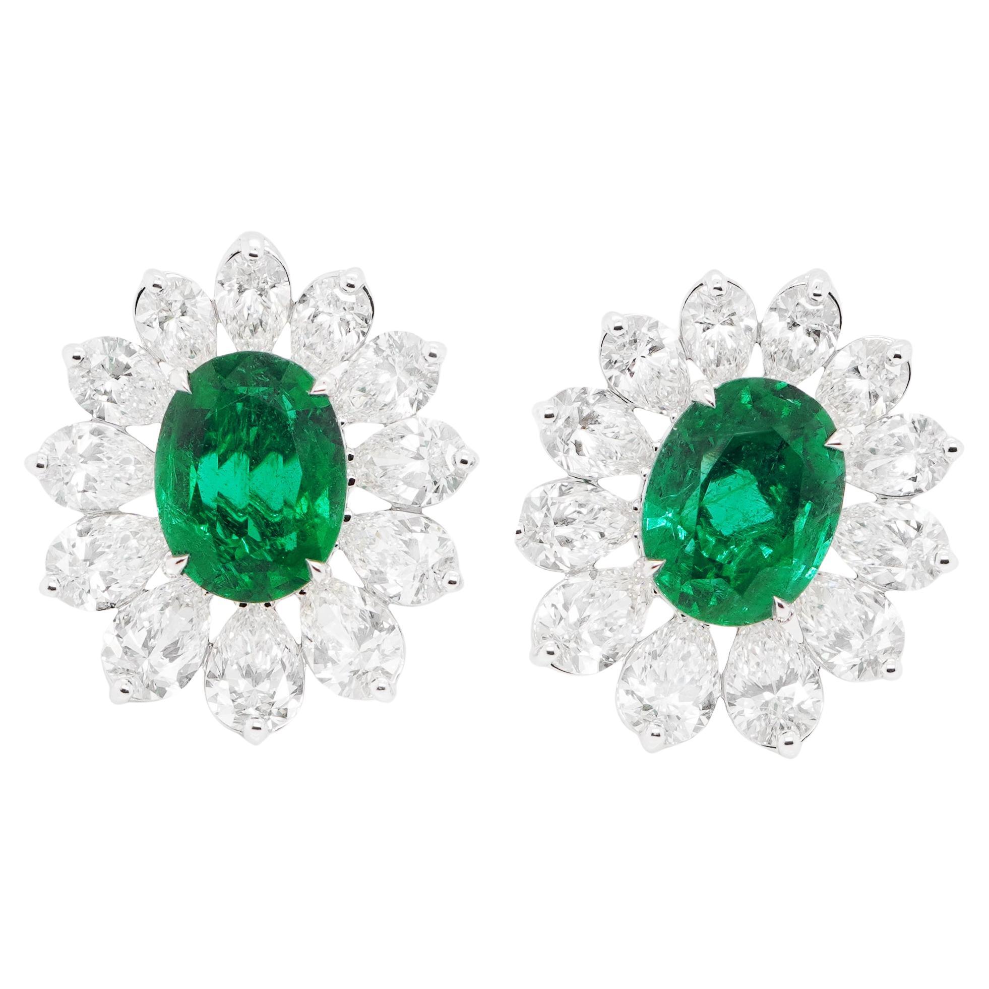 CDC Certified 13.18 carats Zambian Emerald and Diamond Stud Earrings For Sale