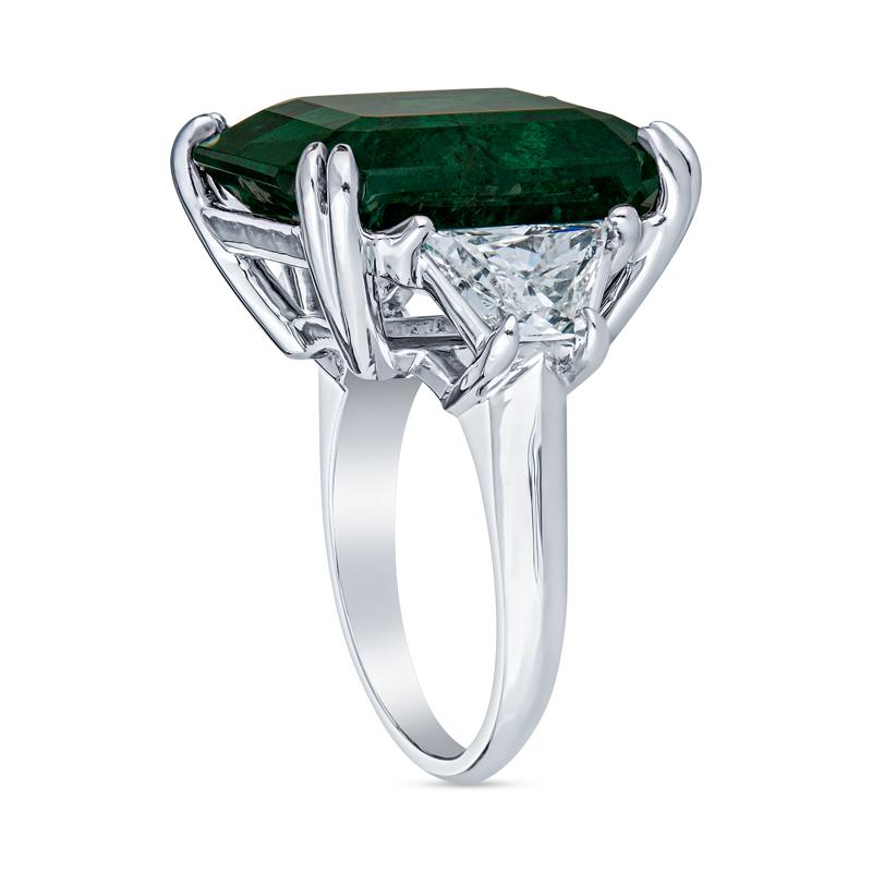 Octagon Cut CDC Certified 15.71 Carat Natural Zambian Emerald & Trapezoid Diamond Ring
