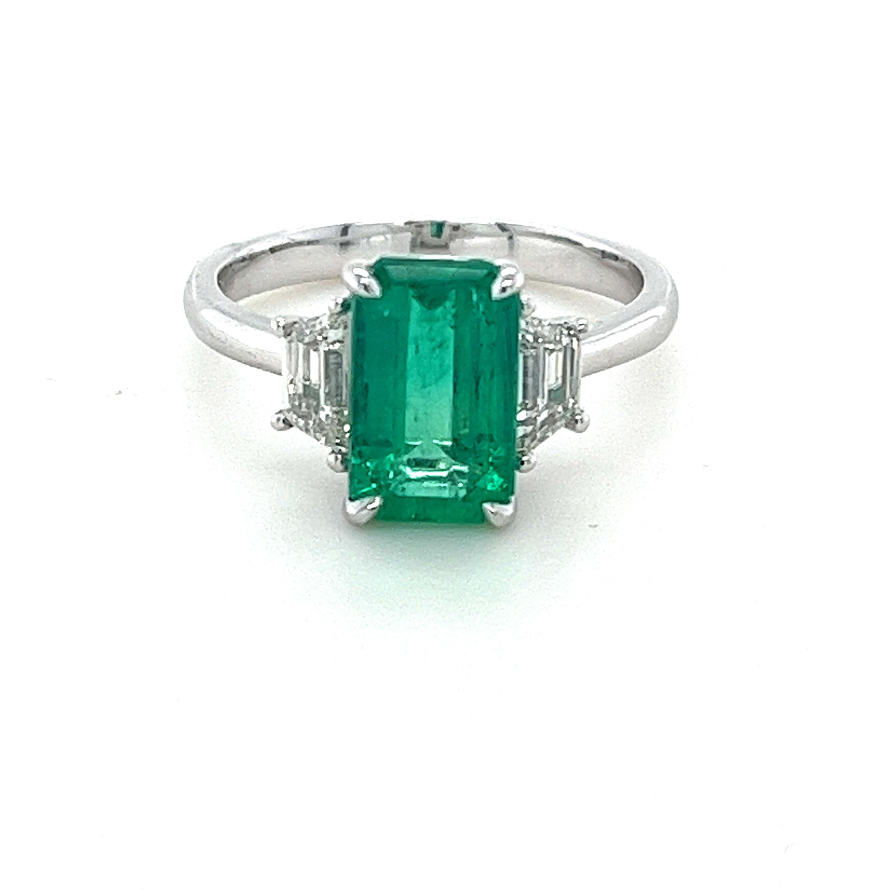 Emerald Cut CDC Certified 2.12 Carat Colombian Emerald & Diamond Ring in Platinum For Sale