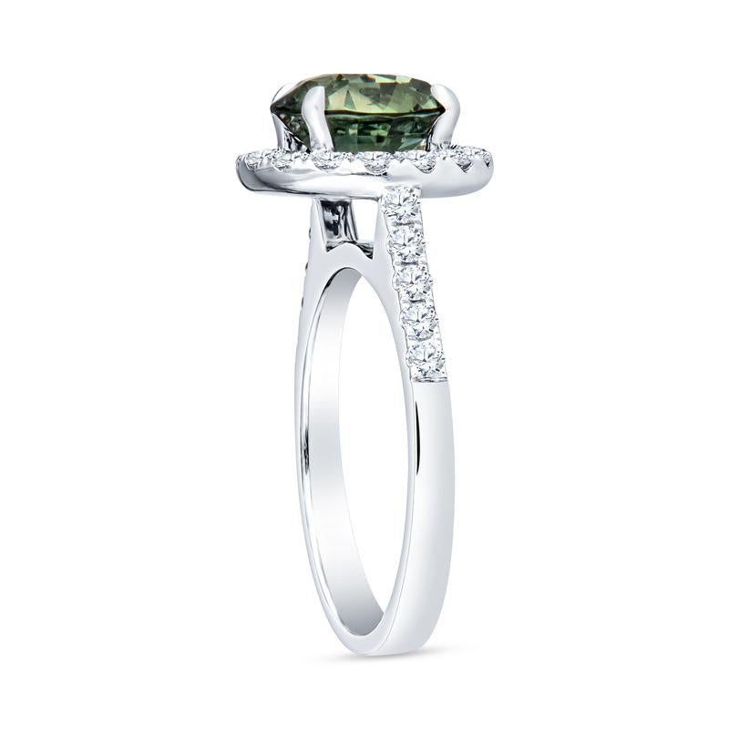 Round Cut CDC Certified 3.38 Carat Round Natural Green Sapphire & Diamond Halo Ring For Sale