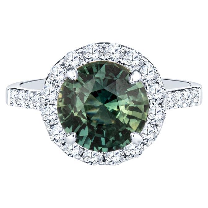 CDC Certified 3.38 Carat Round Natural Green Sapphire & Diamond Halo Ring For Sale