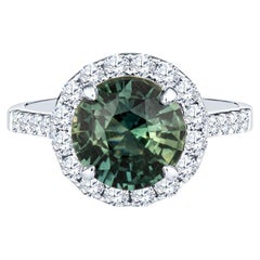 CDC Certified 3.38 Carat Round Natural Green Sapphire & Diamond Halo Ring