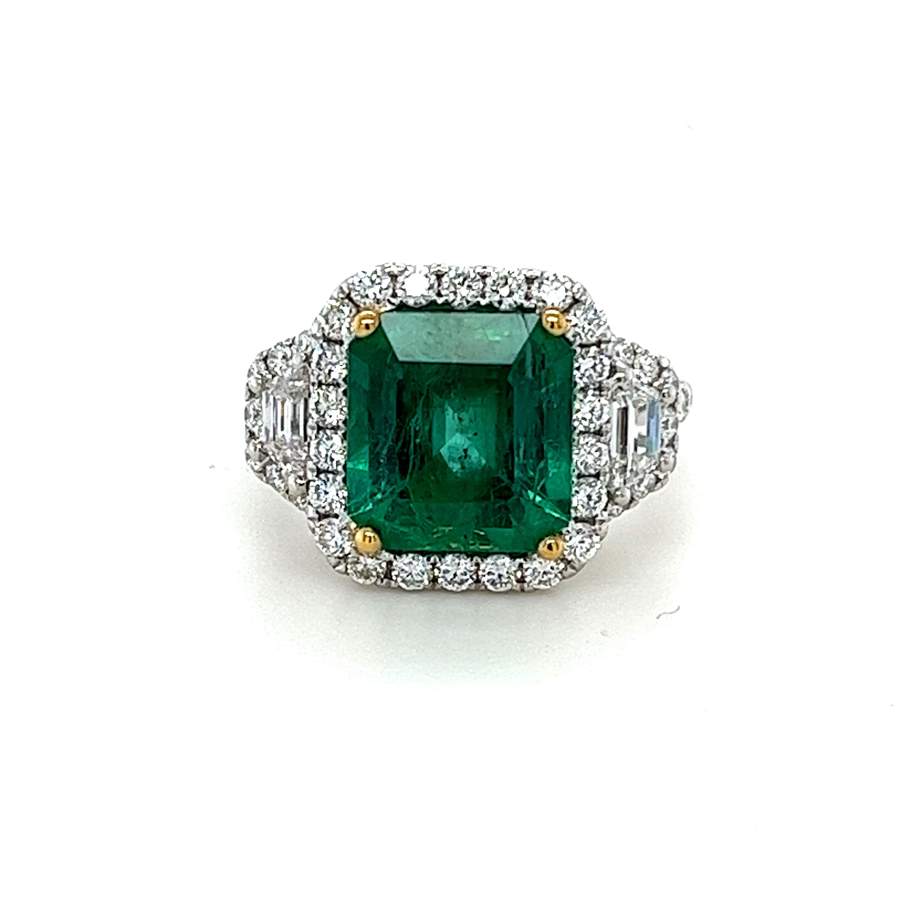 Emerald Cut CDC Certified 3.80 Carat Emerald & Diamond Ring in 18 Karat White Gold For Sale