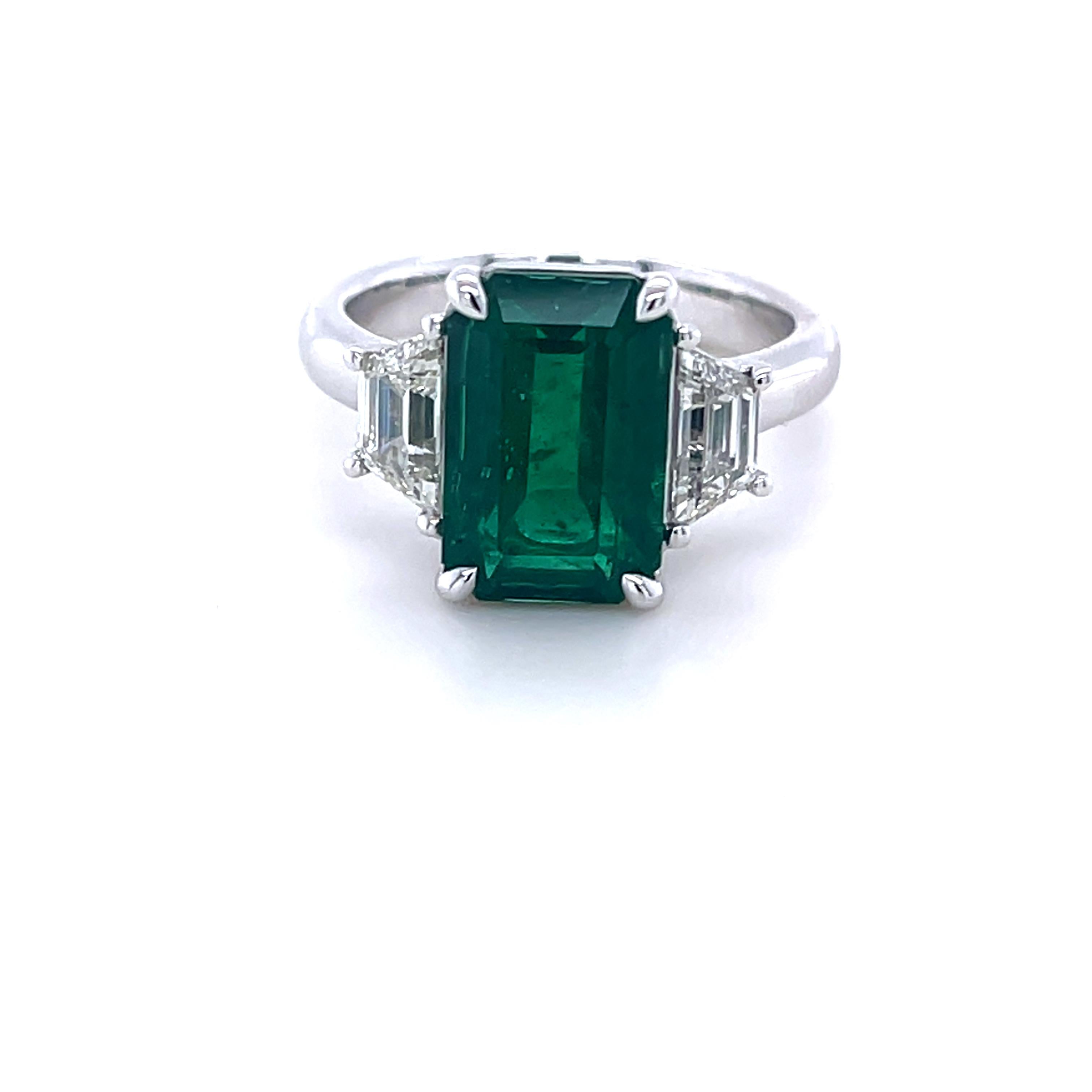 Emerald Cut CDC Certified 4.03 Carat Zambian Emerald & Diamond Ring in Platinum