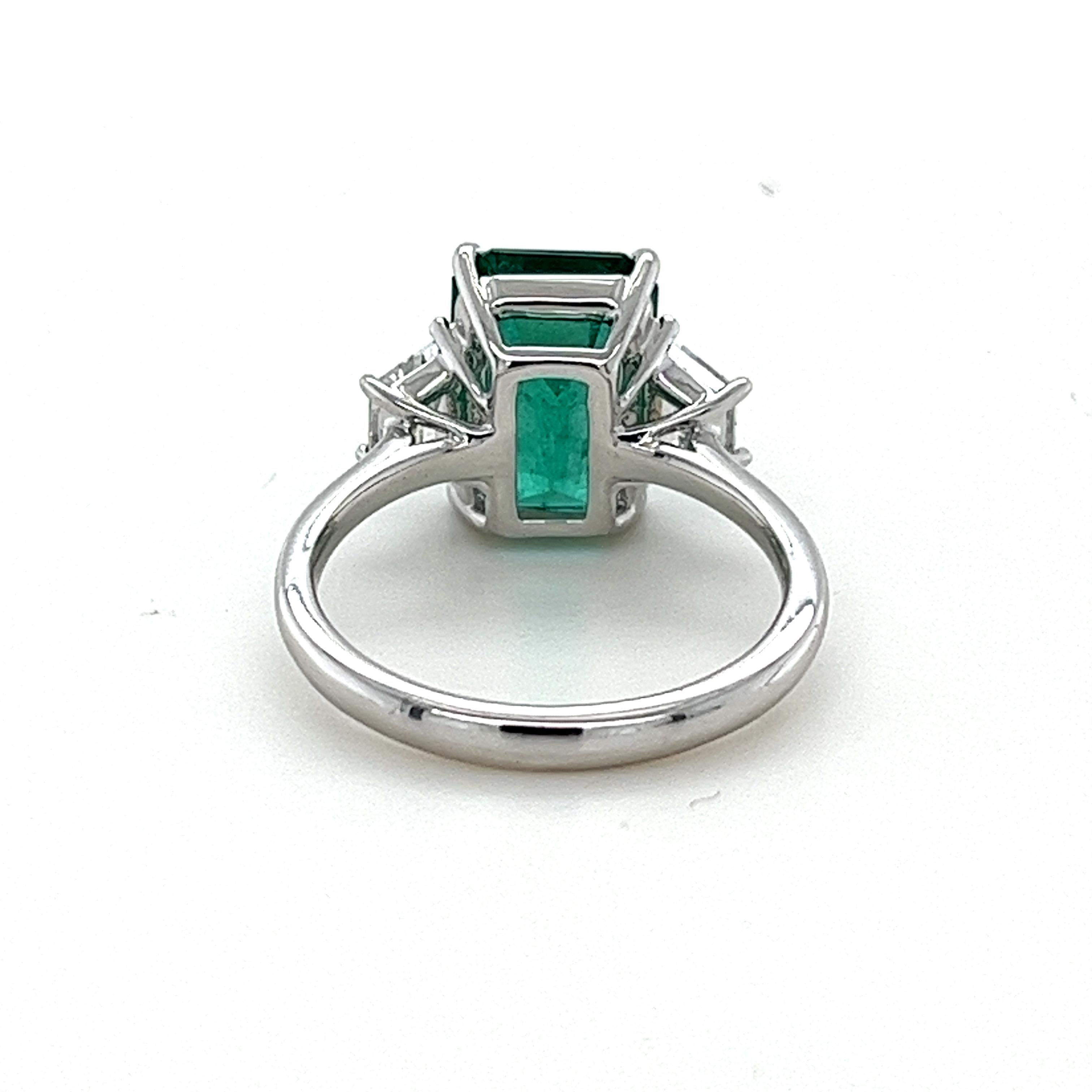 Modern CDC Certified 4.16 Carat Emerald Cut Emerald & Diamond Ring in Platinum For Sale