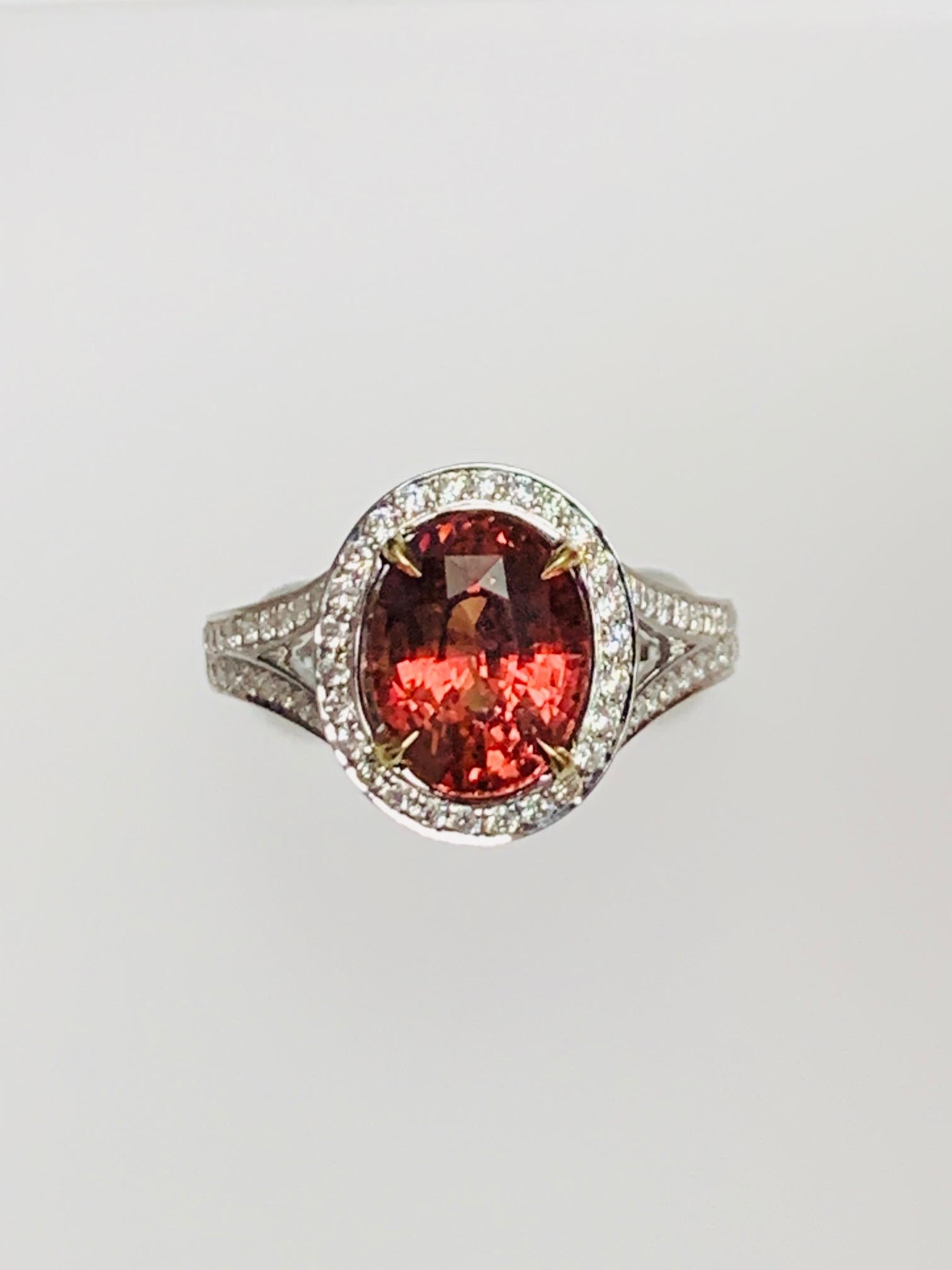 Oval Cut CDC Certified 4.16 Carat Natural No Heat Orange Sapphire Diamond Cocktail Ring For Sale