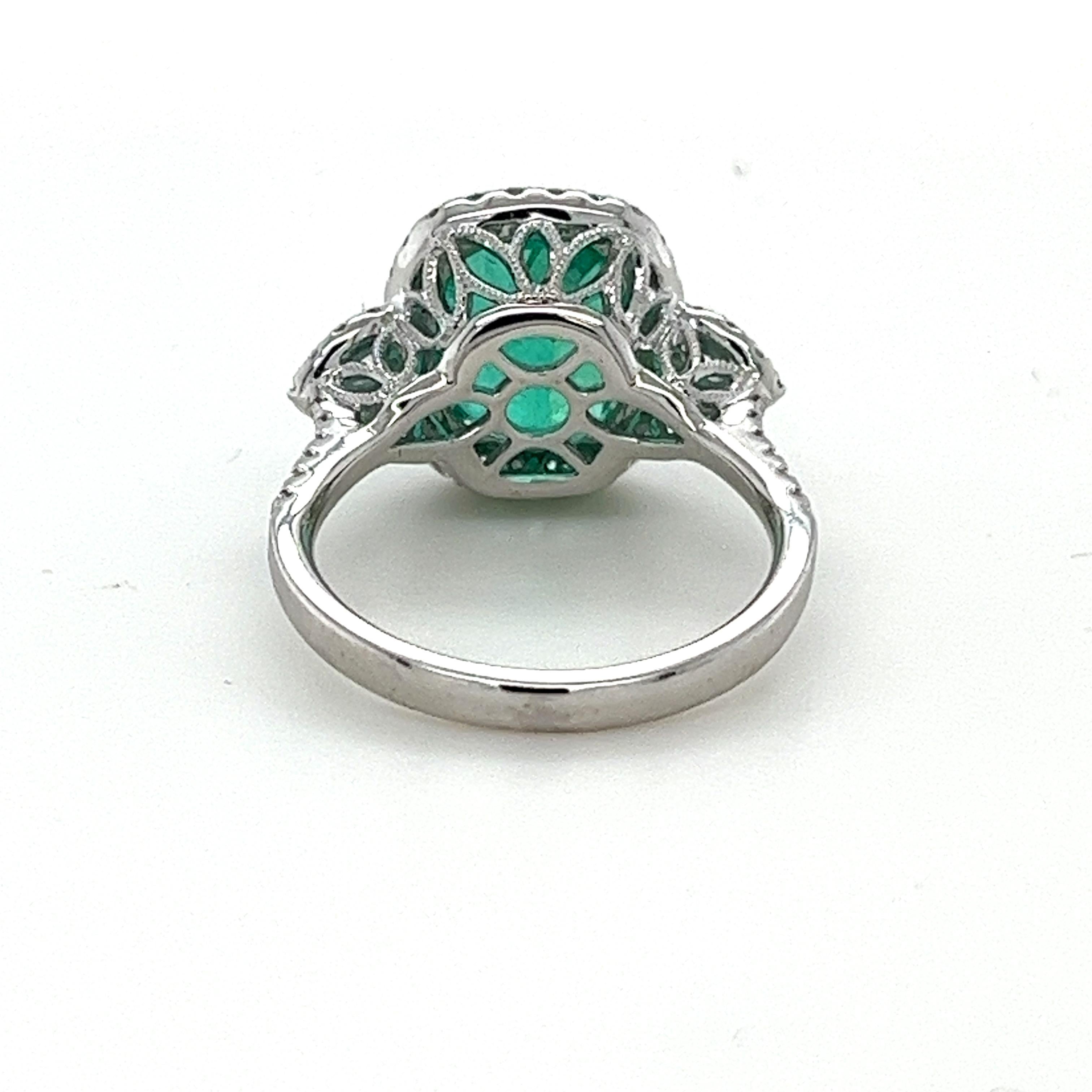 Modern CDC Certified 4.17 Carat Cushion Colombian Emerald Ring in 18 Karat White Gold For Sale