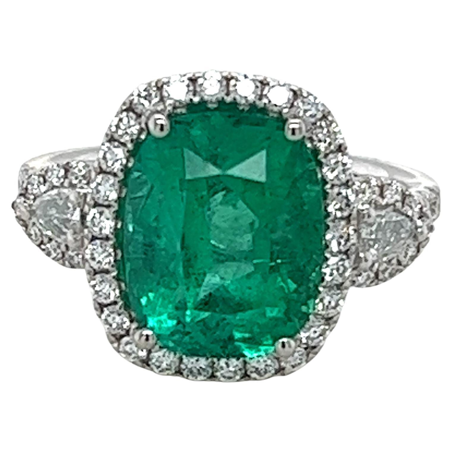CDC Certified 4.17 Carat Cushion Colombian Emerald Ring in 18 Karat White Gold