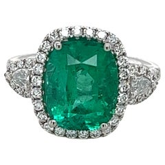 CDC Certified 4.17 Carat Cushion Colombian Emerald Ring in 18 Karat White Gold