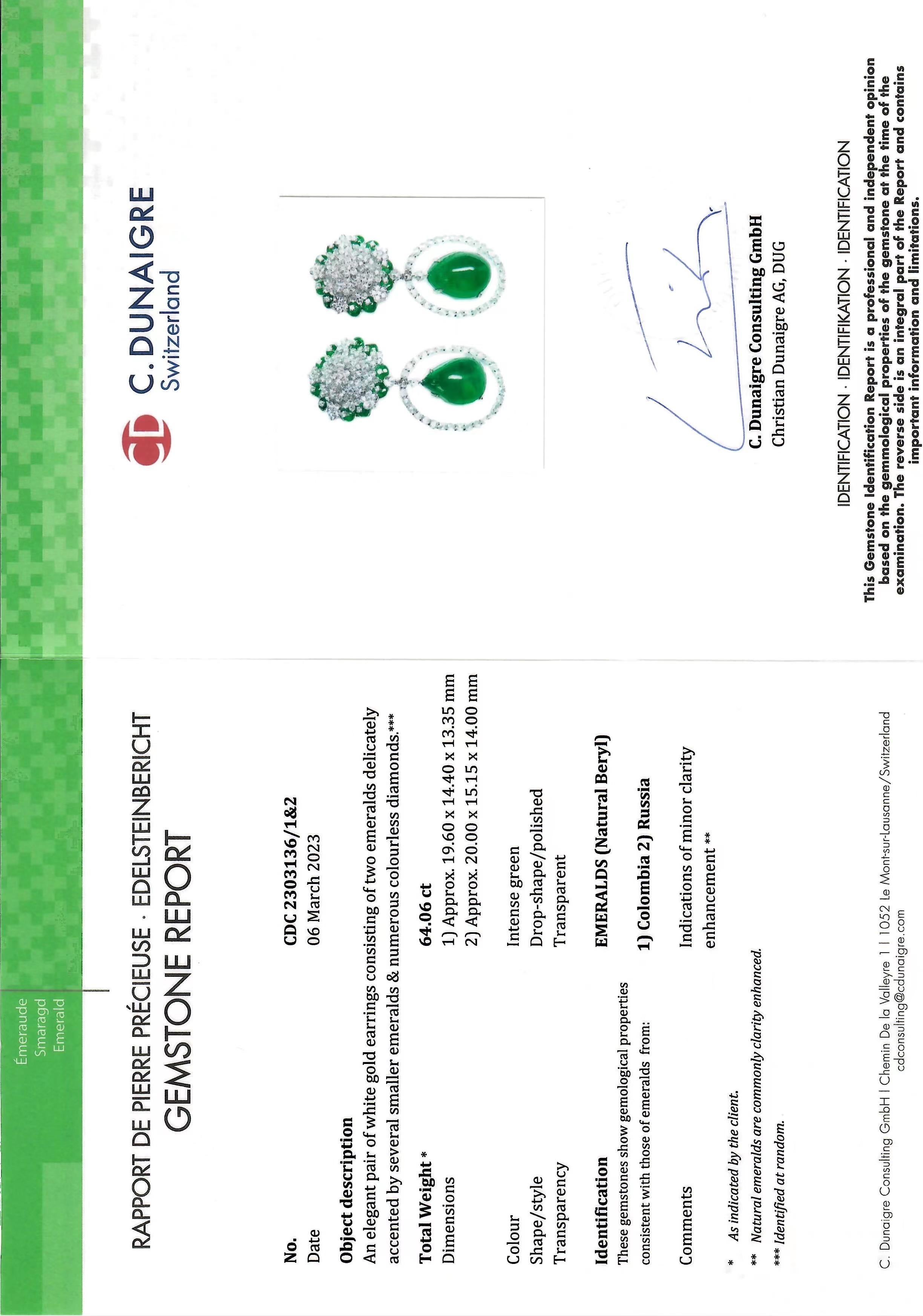 Pendiente gota de esmeralda certificada CDC de 64,06 quilates Corte esmeralda en venta