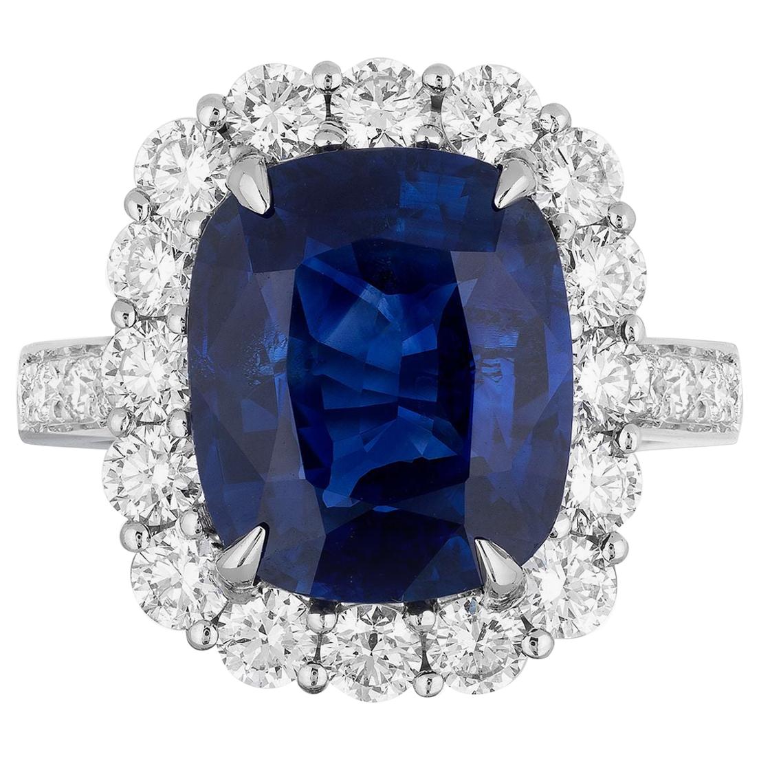 CDC Certified 7.59 Carat Cushion Shape Blue Sapphire Diamond Cocktail Ring