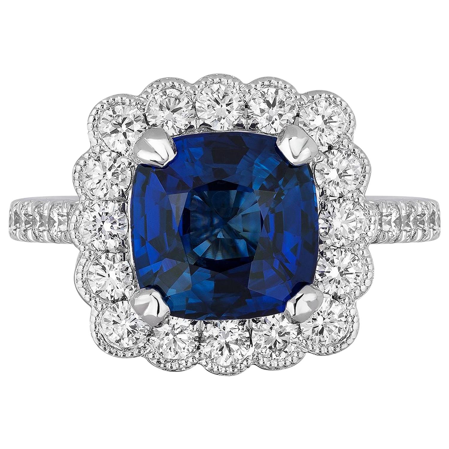 CDC Lab Certified 3.21 Carat Cushion Blue Sapphire Diamonds Cocktail Ring