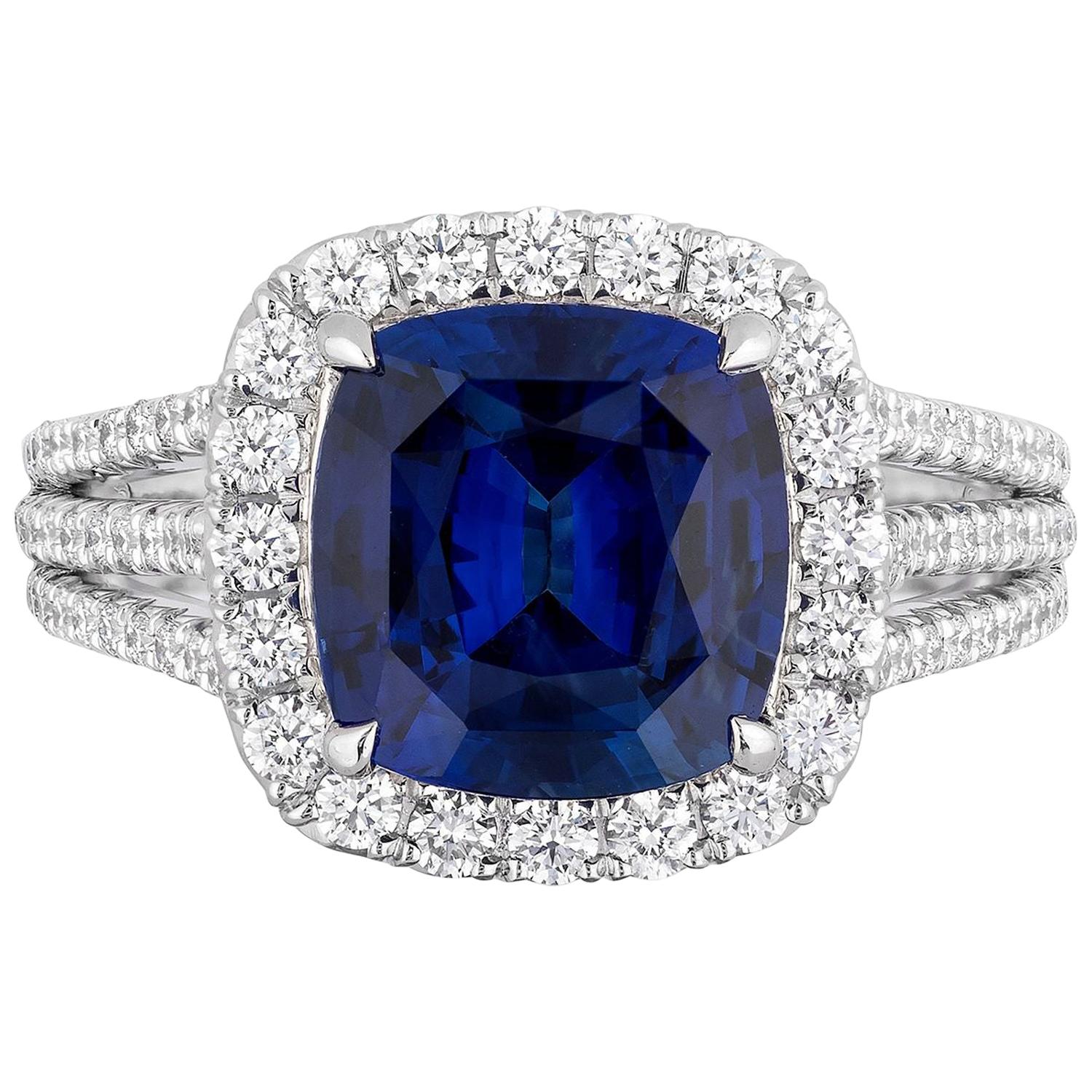 CDC LAB Certified 4.11 Carat Cushion Royal Blue Sapphire Diamond Cocktail Ring
