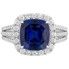 CDC LAB Certified 4.11 Carat Cushion Royal Blue Sapphire Diamond Cocktail Ring