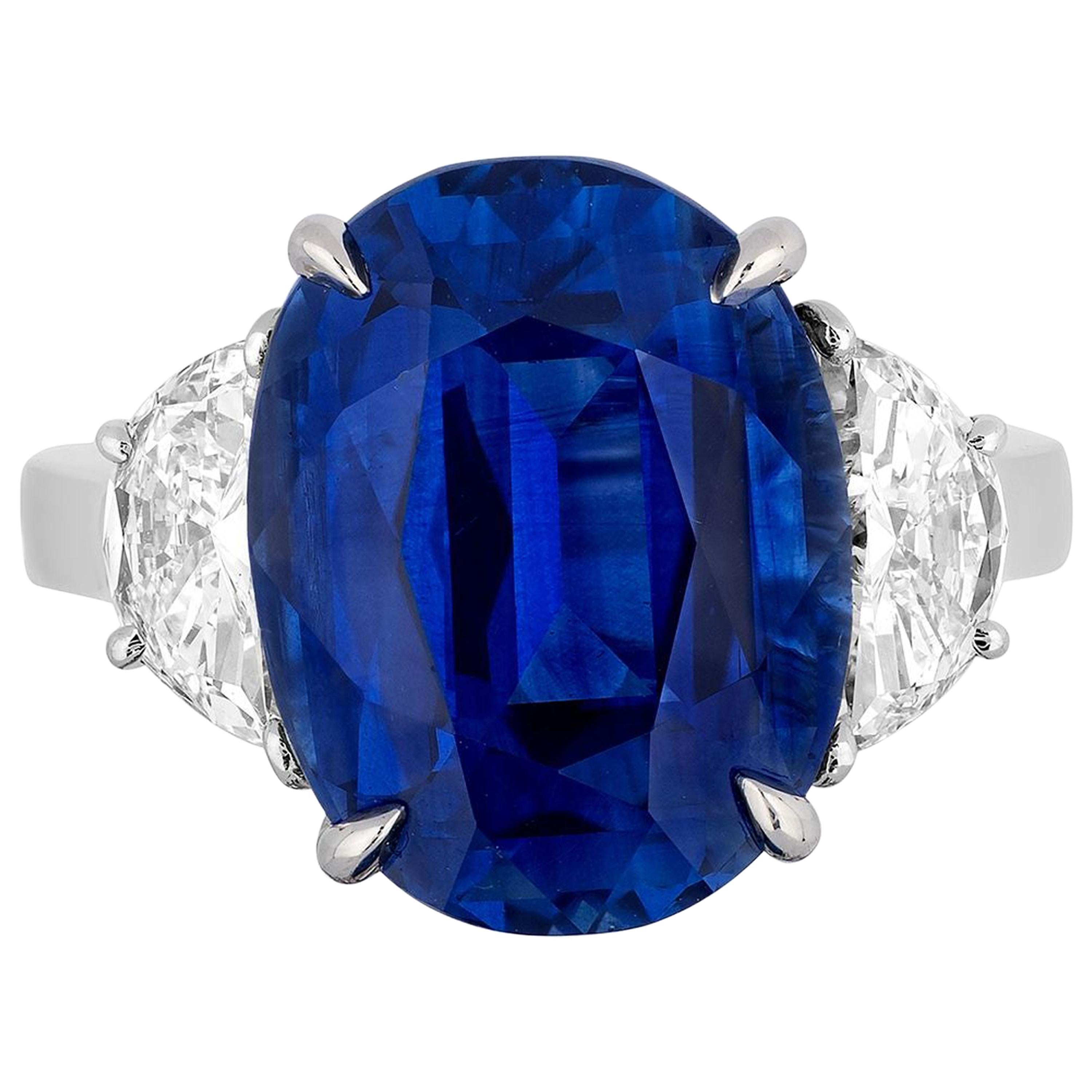 CDC Lab Certified 9.53 Carat Blue Sapphire Diamond Three-Stone Ring For Sale