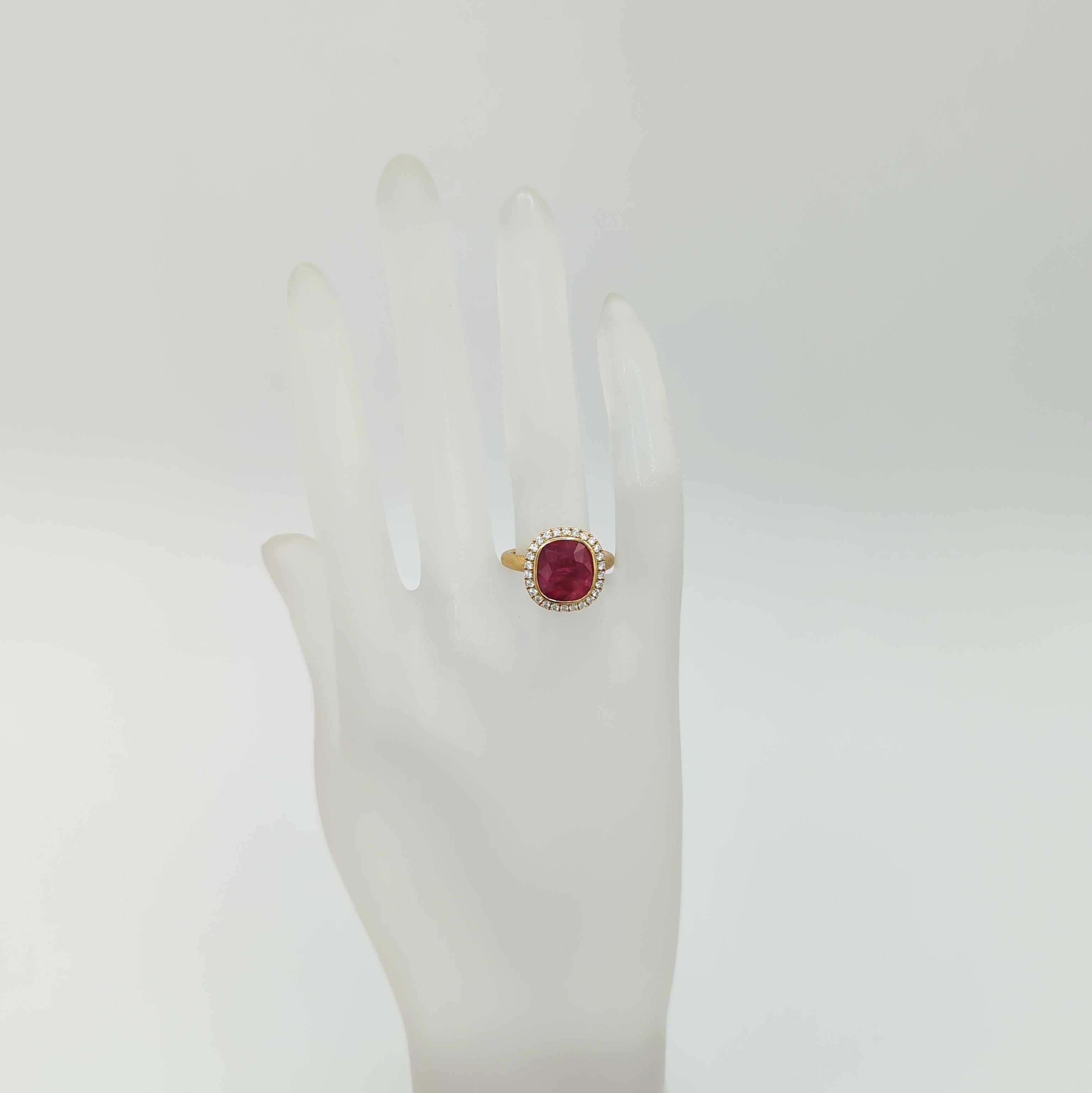 Cushion Cut CDC No Heat Mozambique Ruby and White Diamond Ring in 18K Yellow Gold For Sale