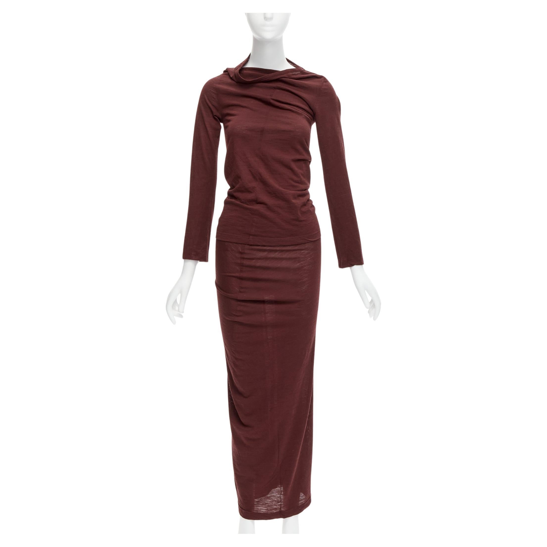 CDG COMME DES GARCONS burgundy brown bias cut stretch top midi skirt set S For Sale