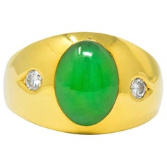 C.D.L 1950s Jadeite Jade Diamond 18 Karat Gold Unisex Ring GIA