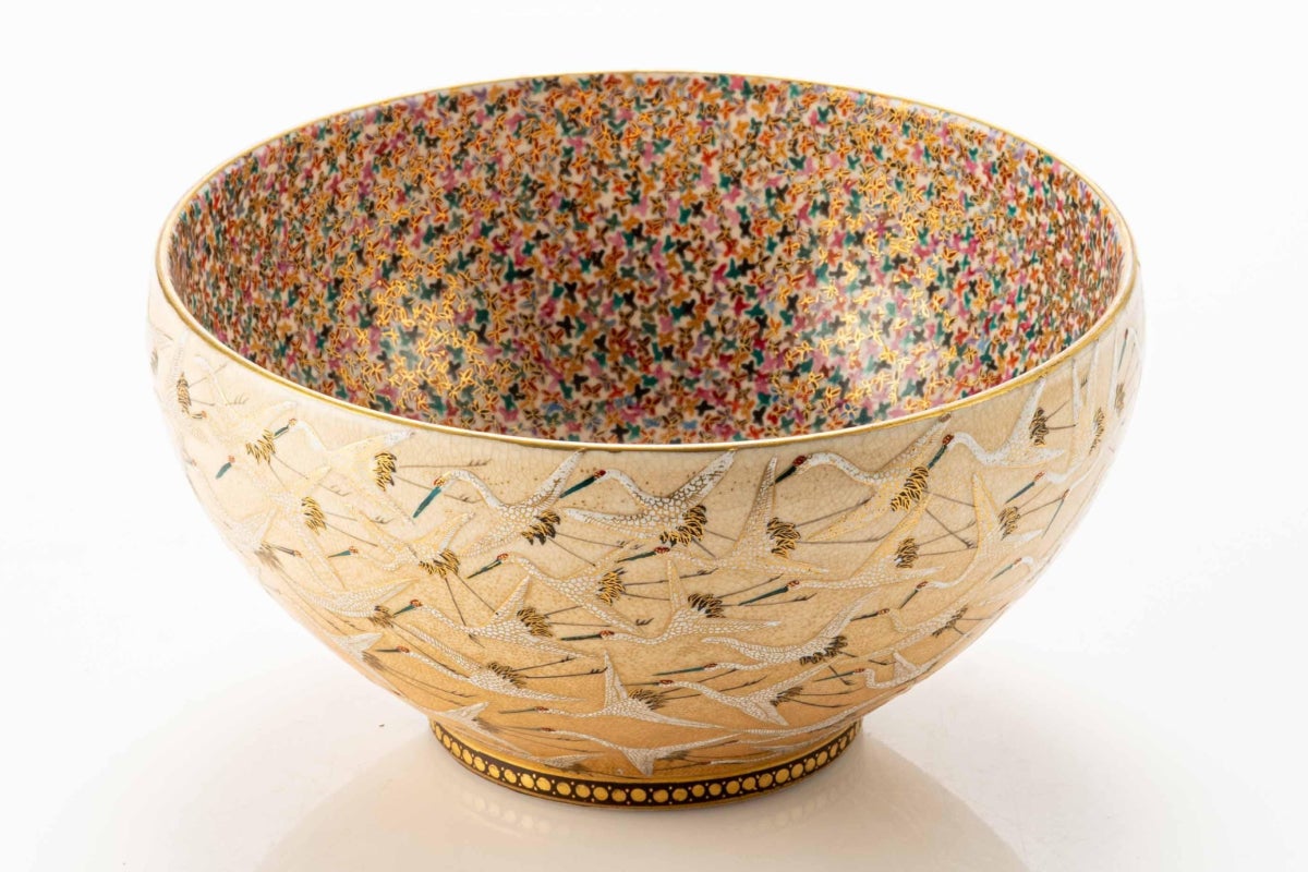 Symbols of Happiness and Rebirth Adorn This Japanese Satsuma Bowl