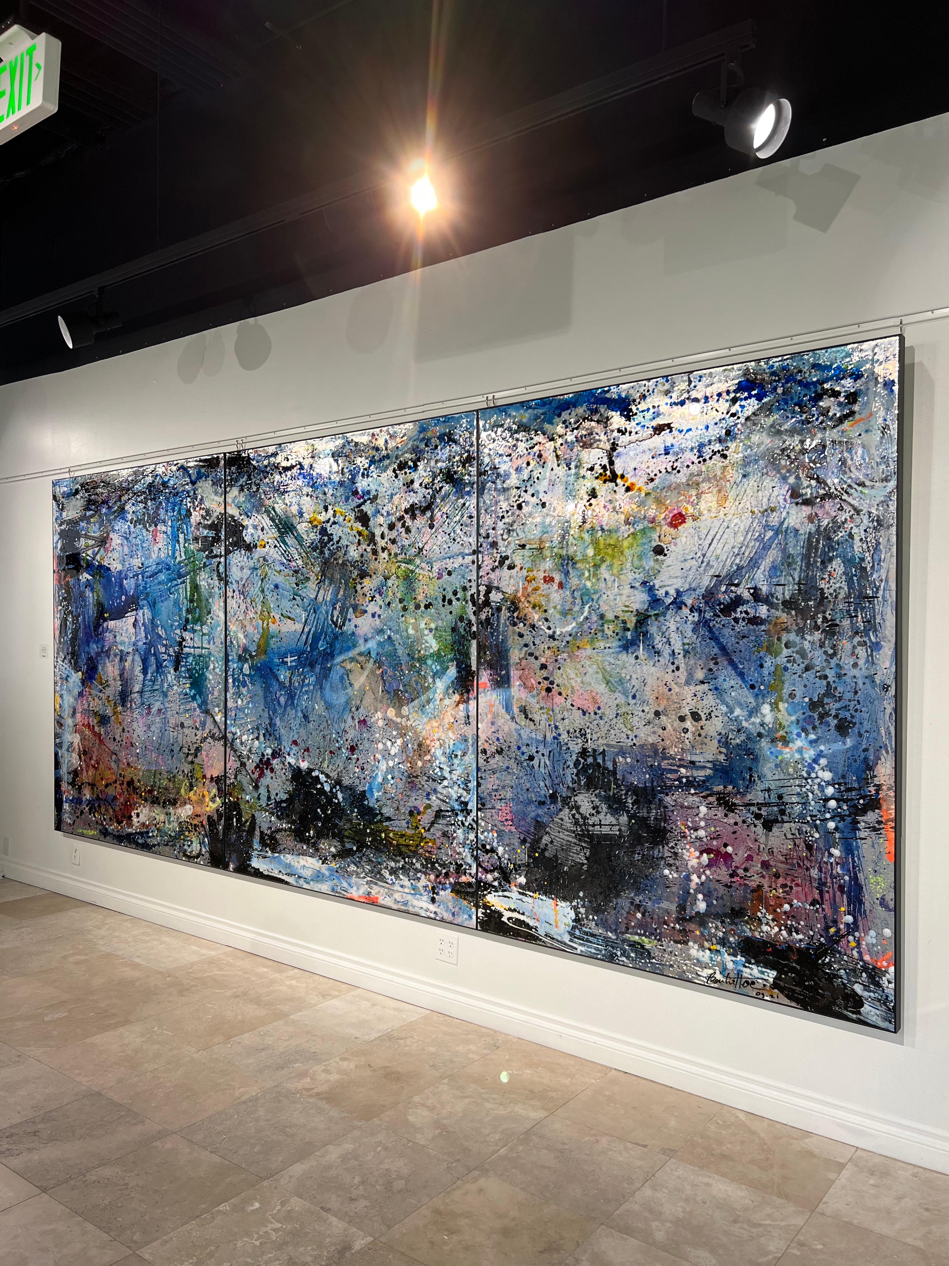 Triptyque - Abstrait Bleu - Abstract Painting by Cédric Bouteiller