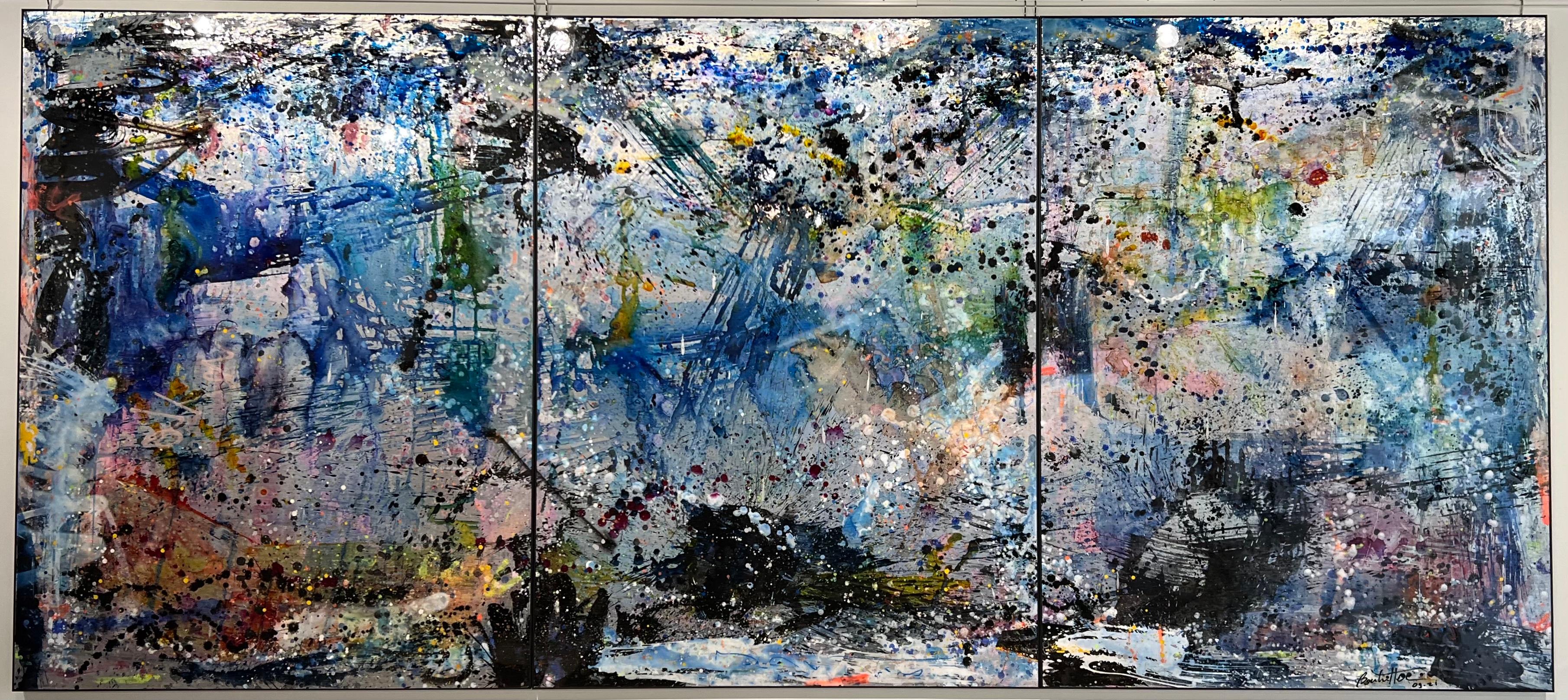 Cédric Bouteiller Abstract Painting - Triptyque - Abstrait Bleu