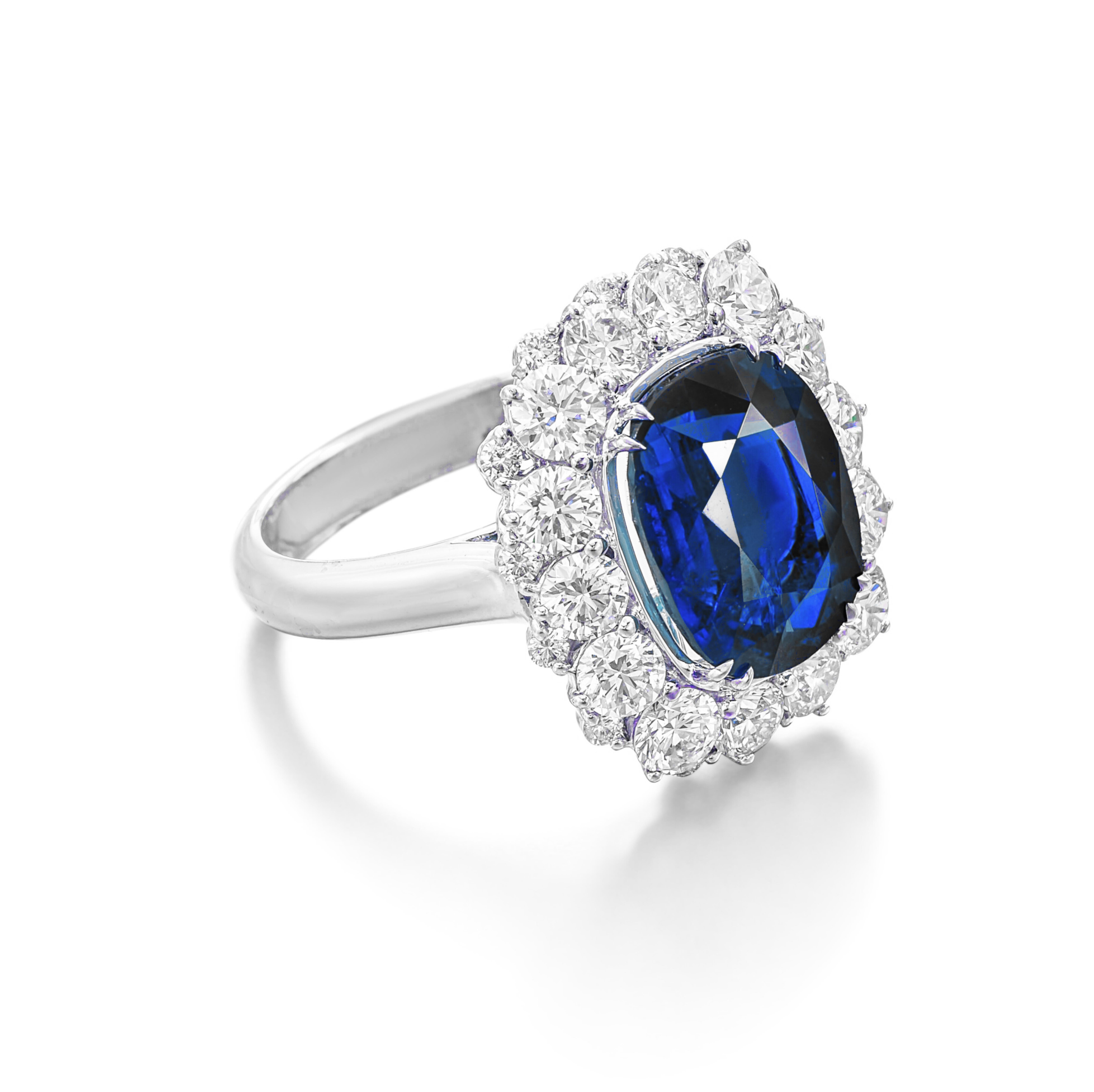 Cushion Cut C.Dunaigre 6 Carat Ceylon Blue Sapphire Diamond Platinum Ring For Sale