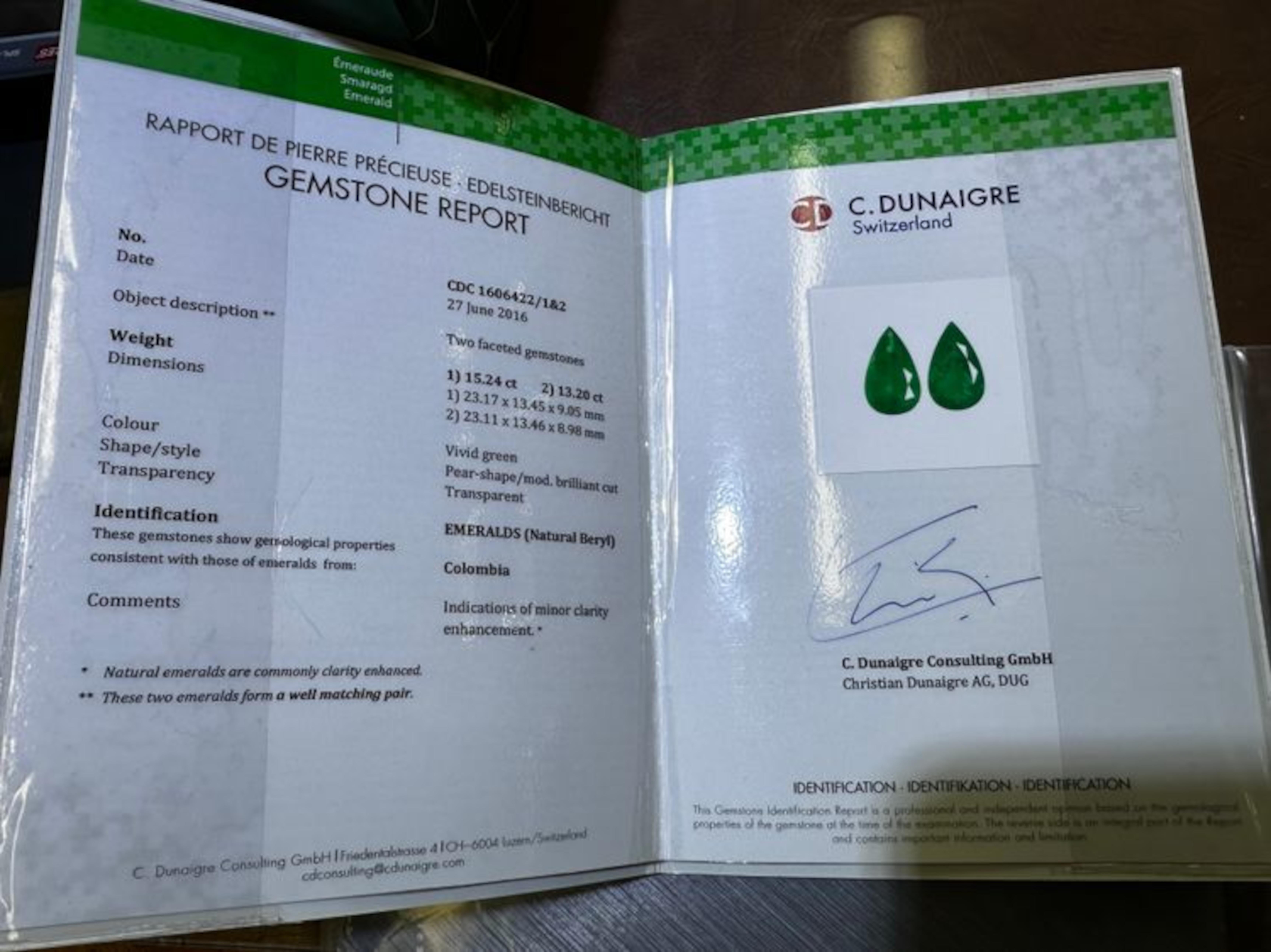 Pear Cut C.Dunaigre Certified 28 Carat Colombian MINOR OIL Emerald Diamond For Sale