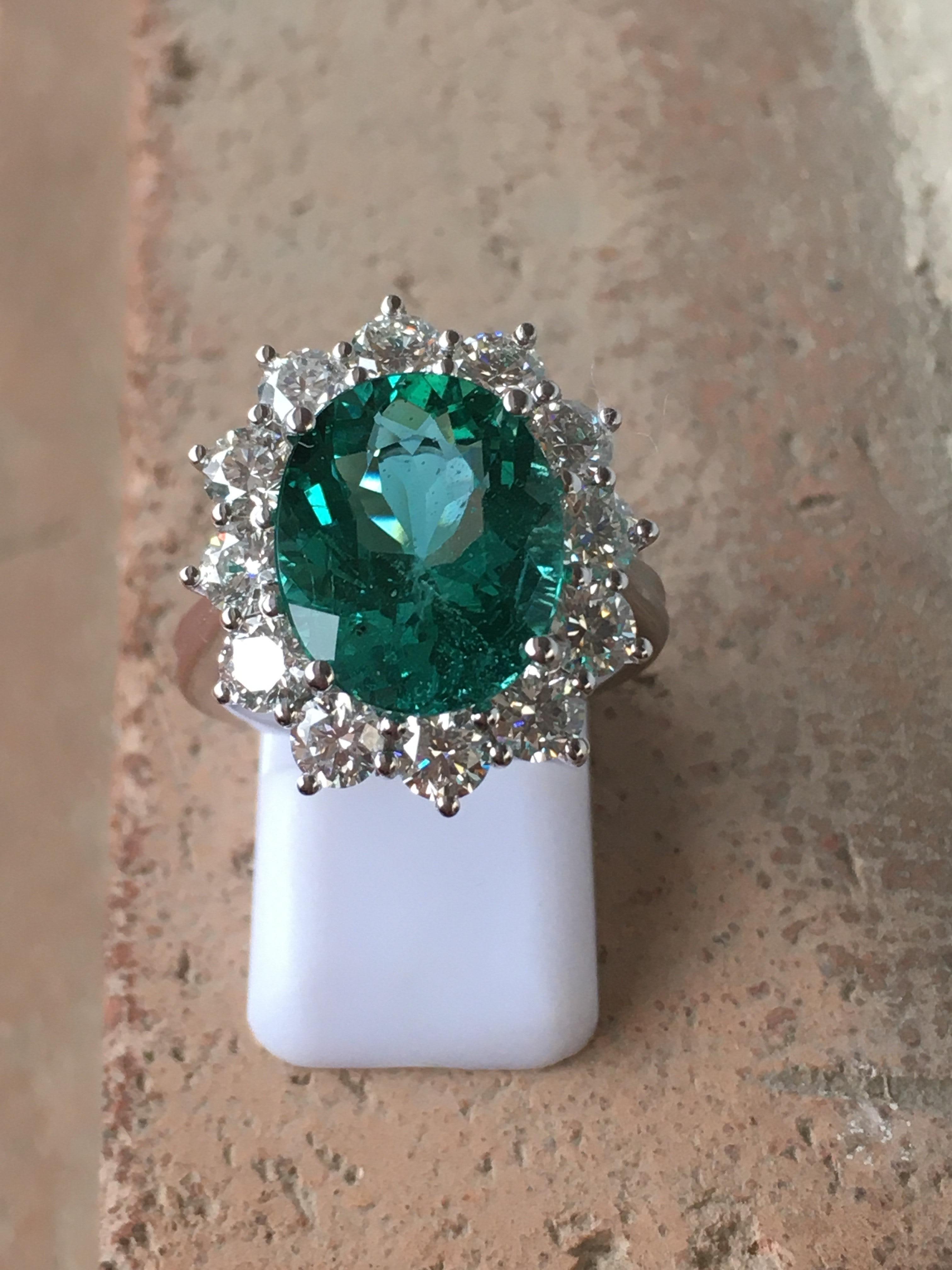 C.Dunaigre Certified 5.81 Carat Brazilian Green Emerald Diamonds Engagement Ring For Sale 3