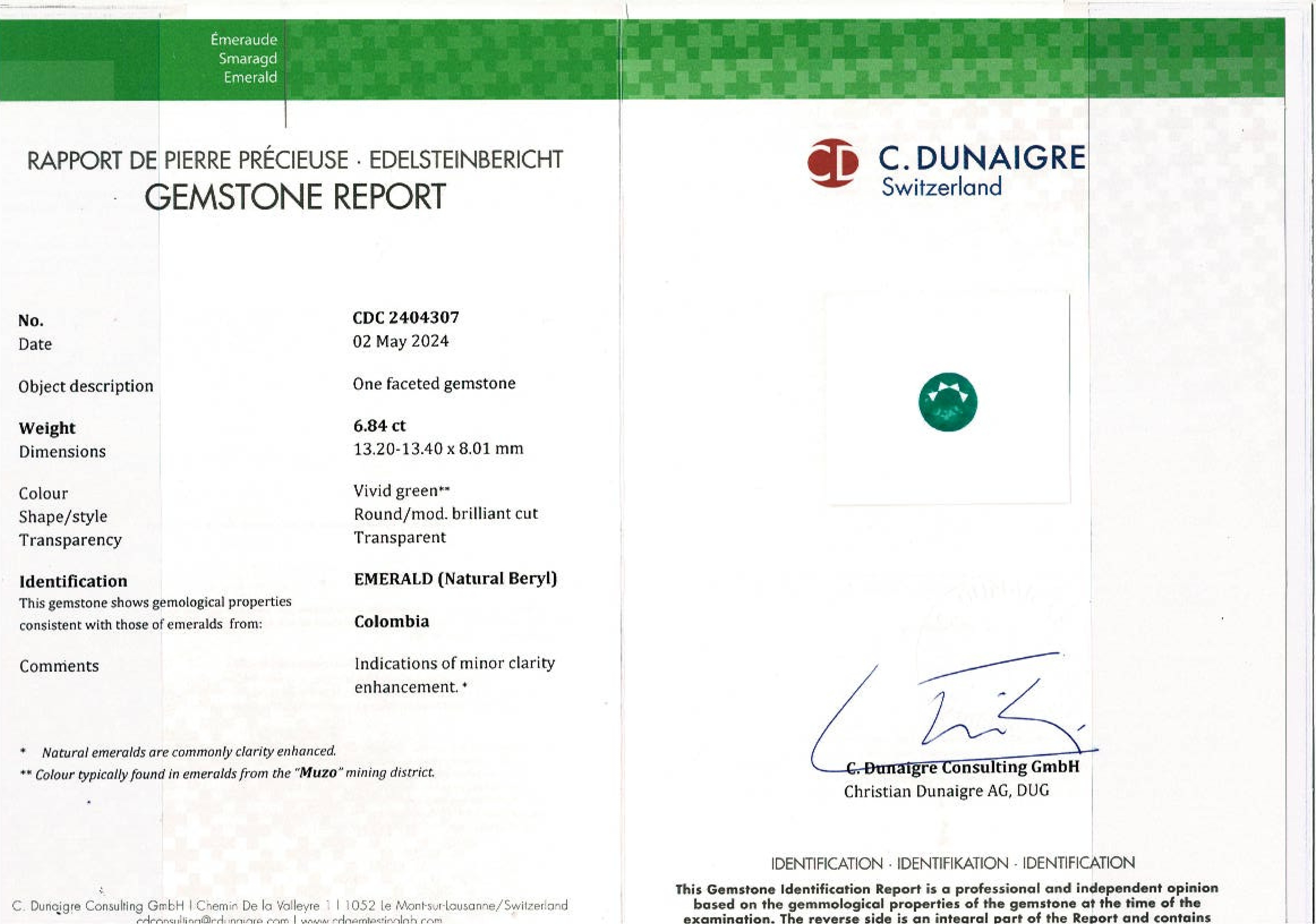 Contemporain C.C. Certified 6.84 Carat UNTREATED MUZO COLOMBIAN Emerald Ring en vente
