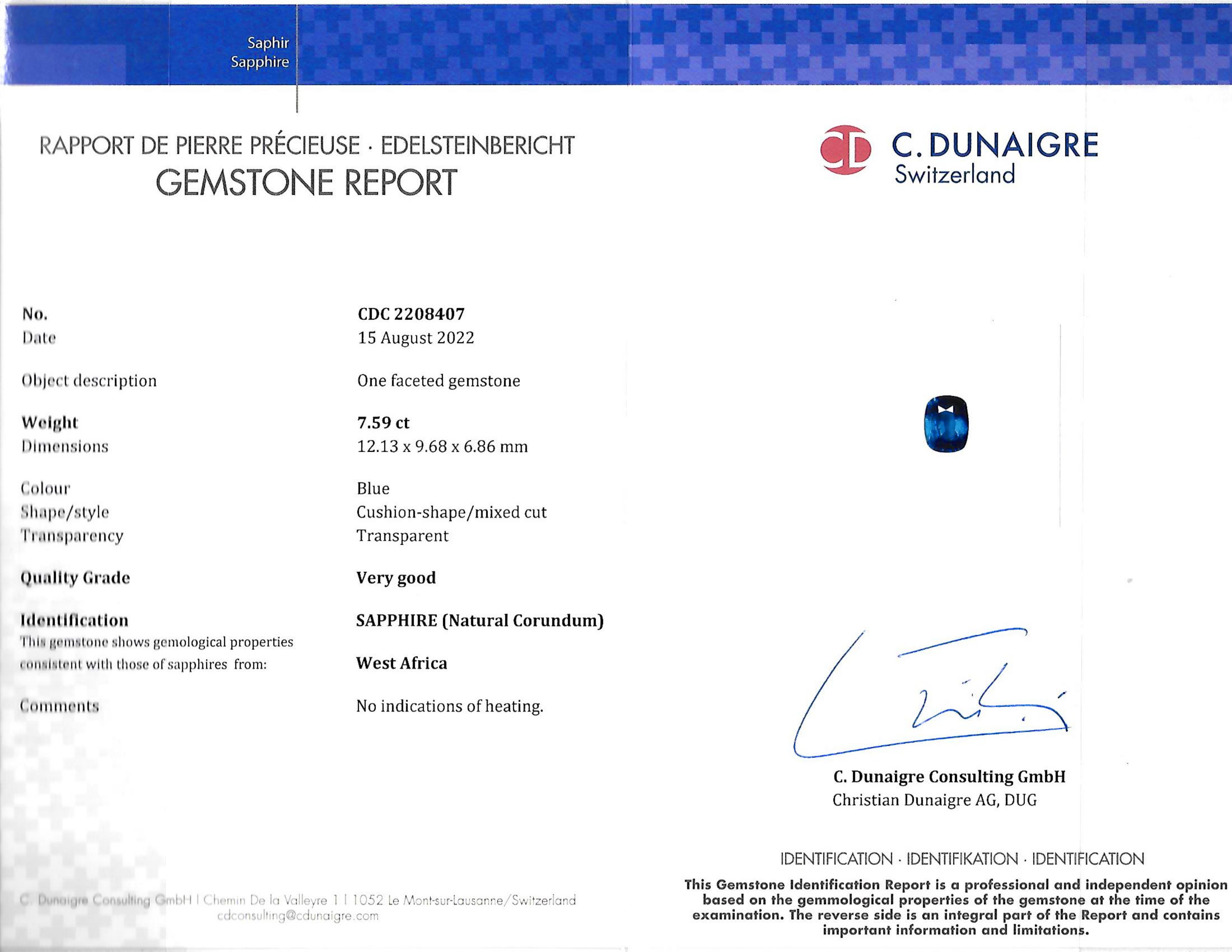 C.Dunaigre Anillo Certificado de Zafiro Azul y Diamante Baguette Cónico de 7,59 Quilates en Nuevo estado para la venta en Chicago, IL