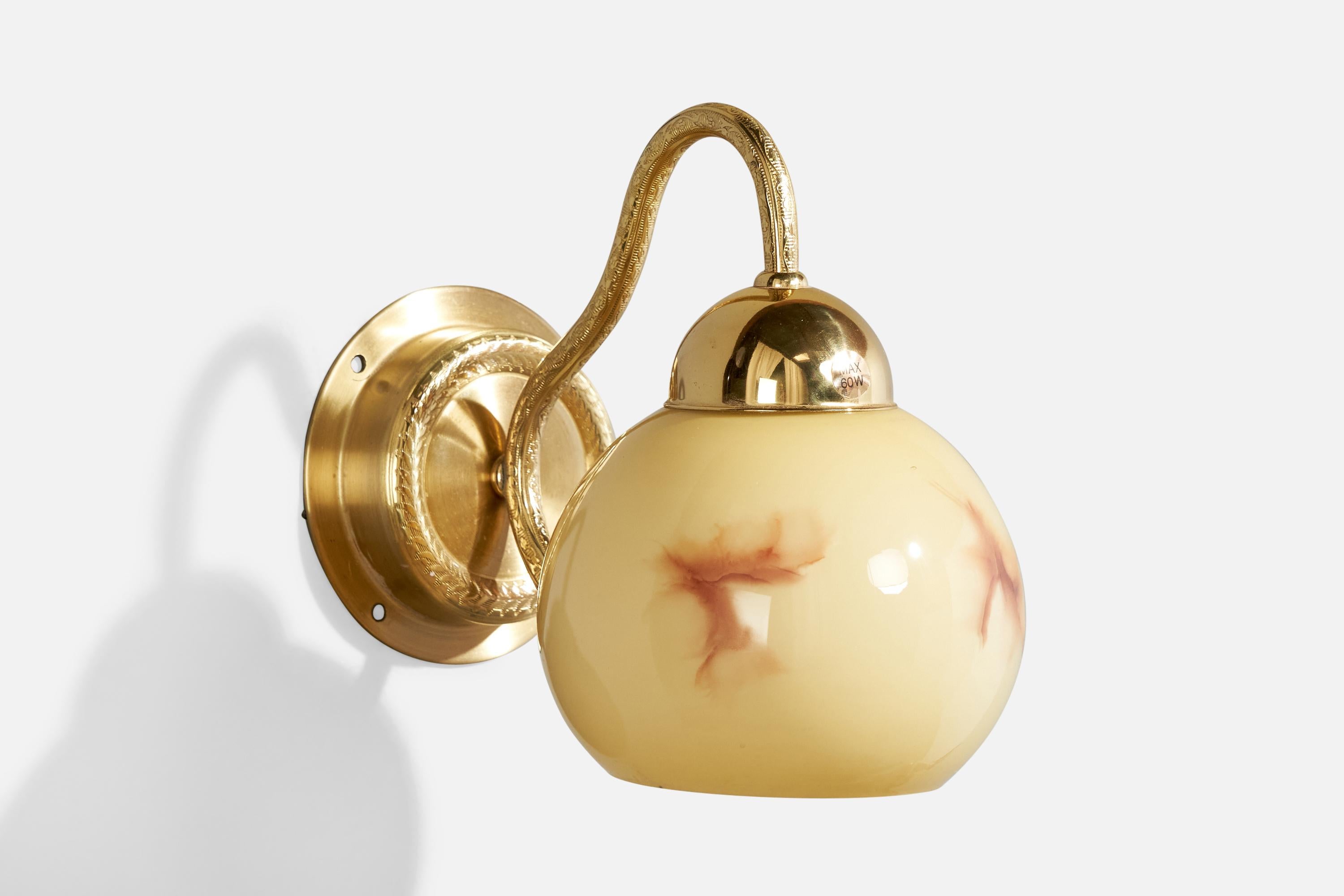 A brass and glass wall light designed by C.E. Fors and produced by EWÅ Värnamo, Sweden, c. 1970s.

Overall Dimensions (inches):  7.5” H x  5” W x  8“ D

Back Plate Dimensions (Inches):  4.125” H x 4.125” W x 1.25” D

Bulb Specifications: