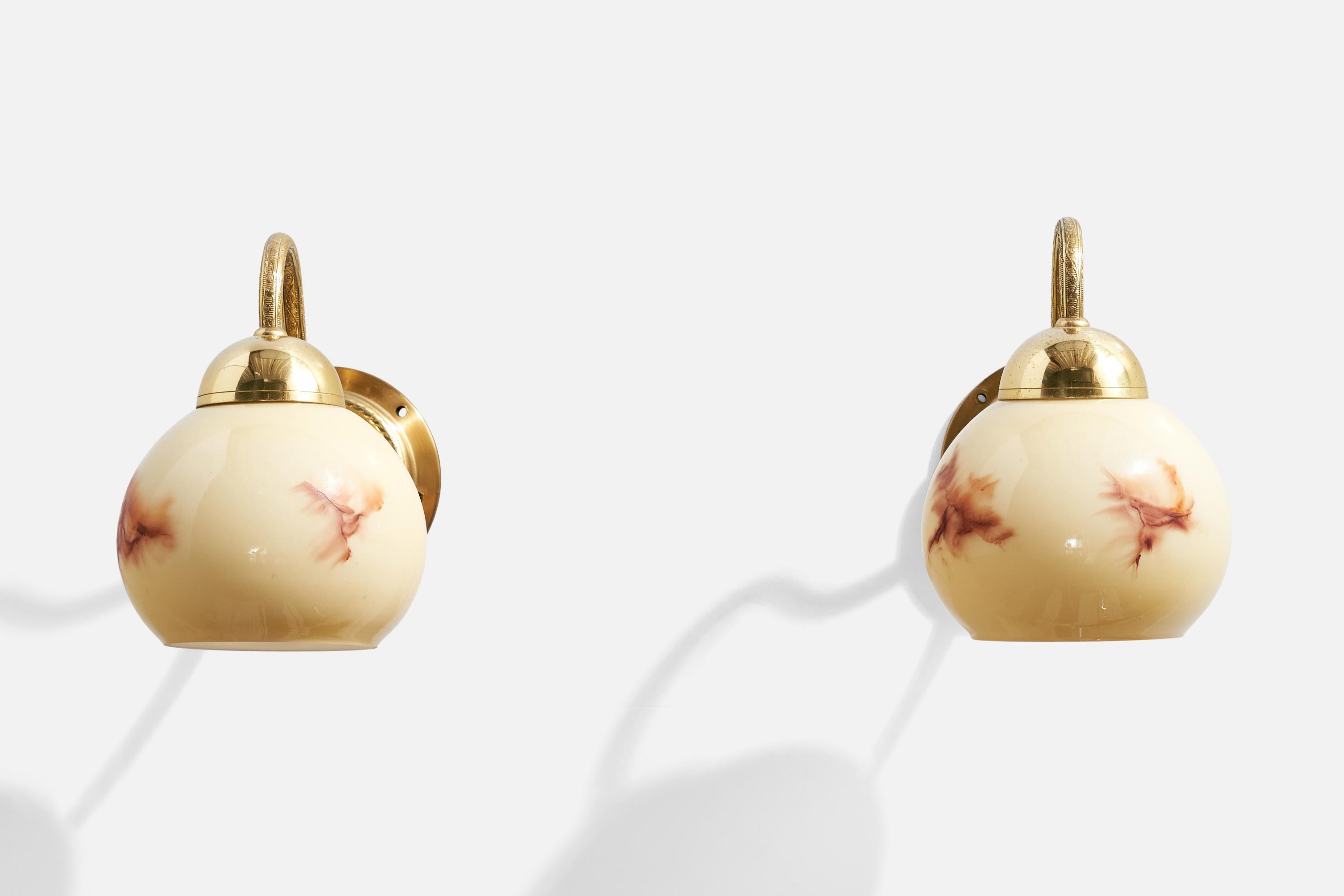 Swedish C.E. Fors, Wall Lights, Brass, Glass, Sweden, 1970s For Sale