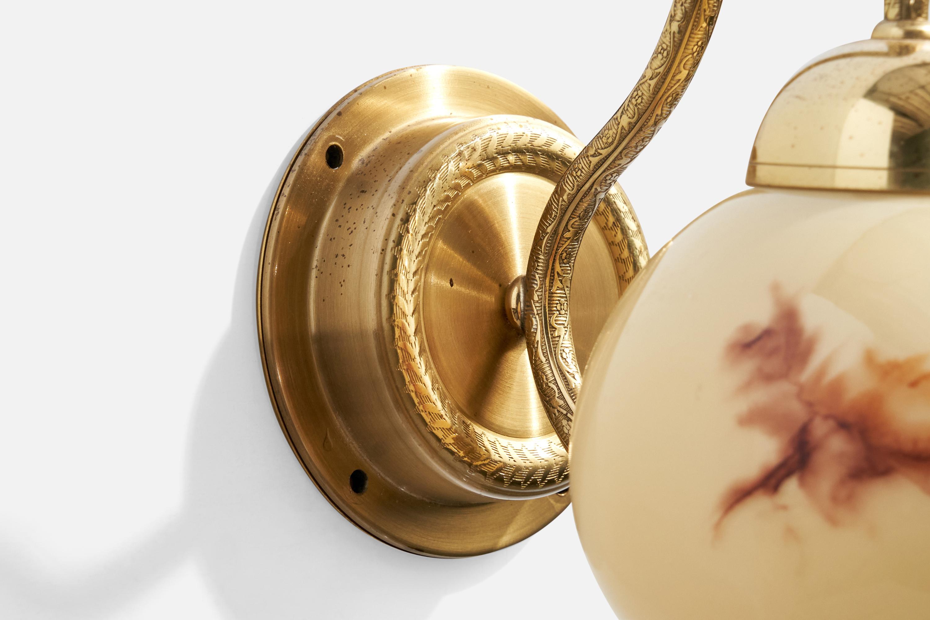 C.E. Fors, Wall Lights, Brass, Glass, Sweden, 1970s For Sale 1
