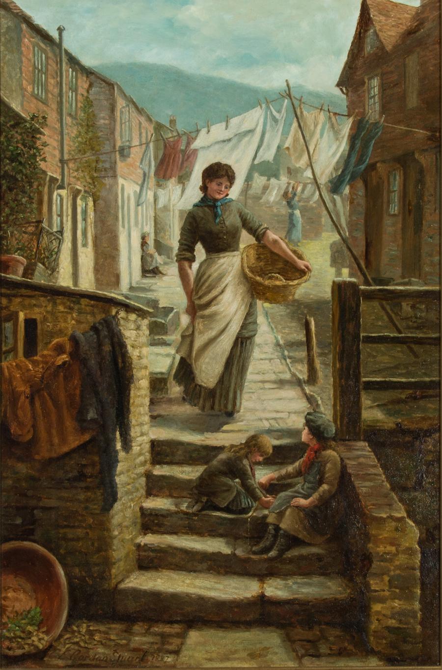 We are pleased to present this stunning late Victorian oil painting by the highly acclaimed English painted C.E. Gordon Stuart (fl. 1892-1896)

Depicting a Cornish fishing family in their terraced house, the artist has expertly captured the everyday
