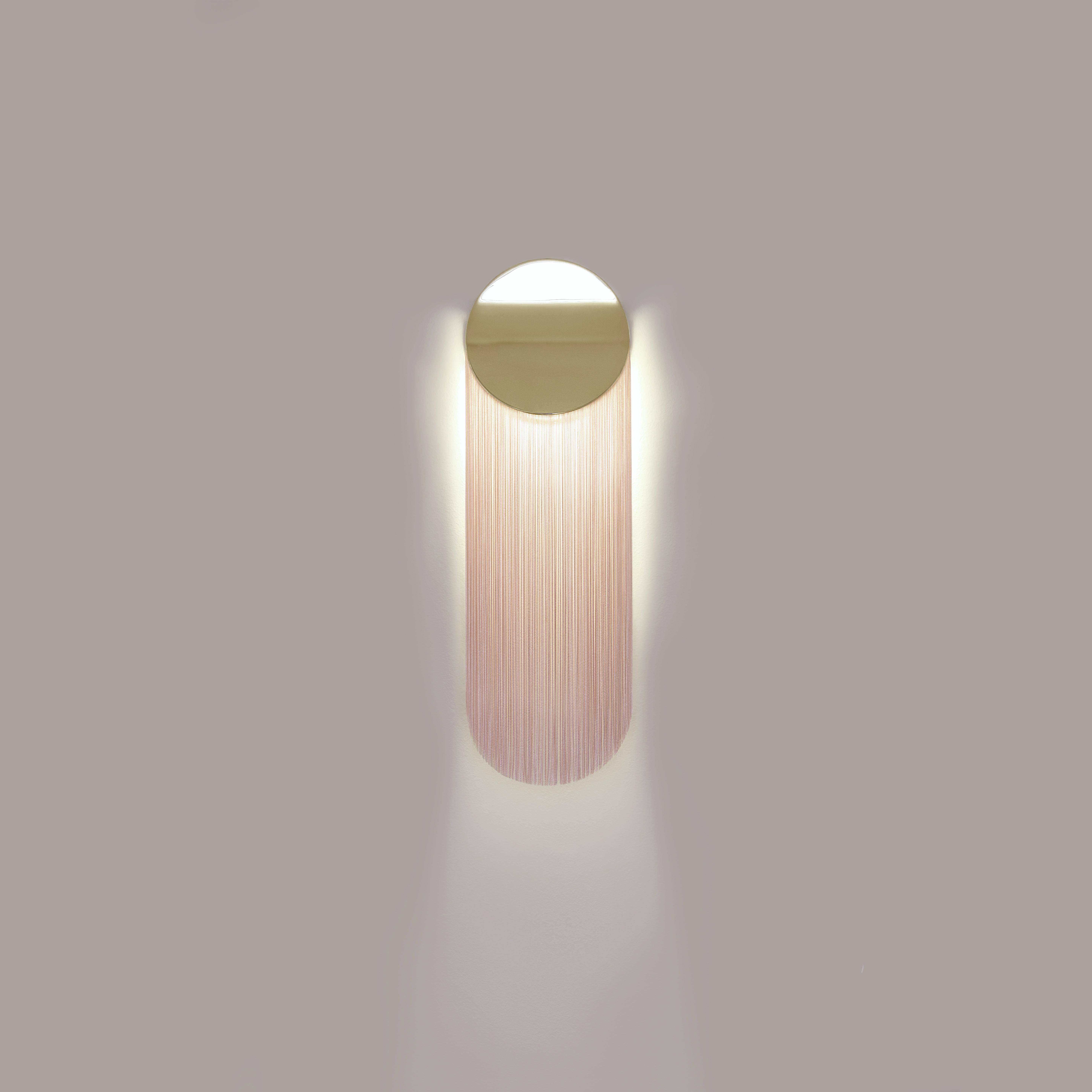 Plated Cé Petite 12K Gold Wall Sconce Tender Pink Rayon Fringes by Studio d'Armes For Sale