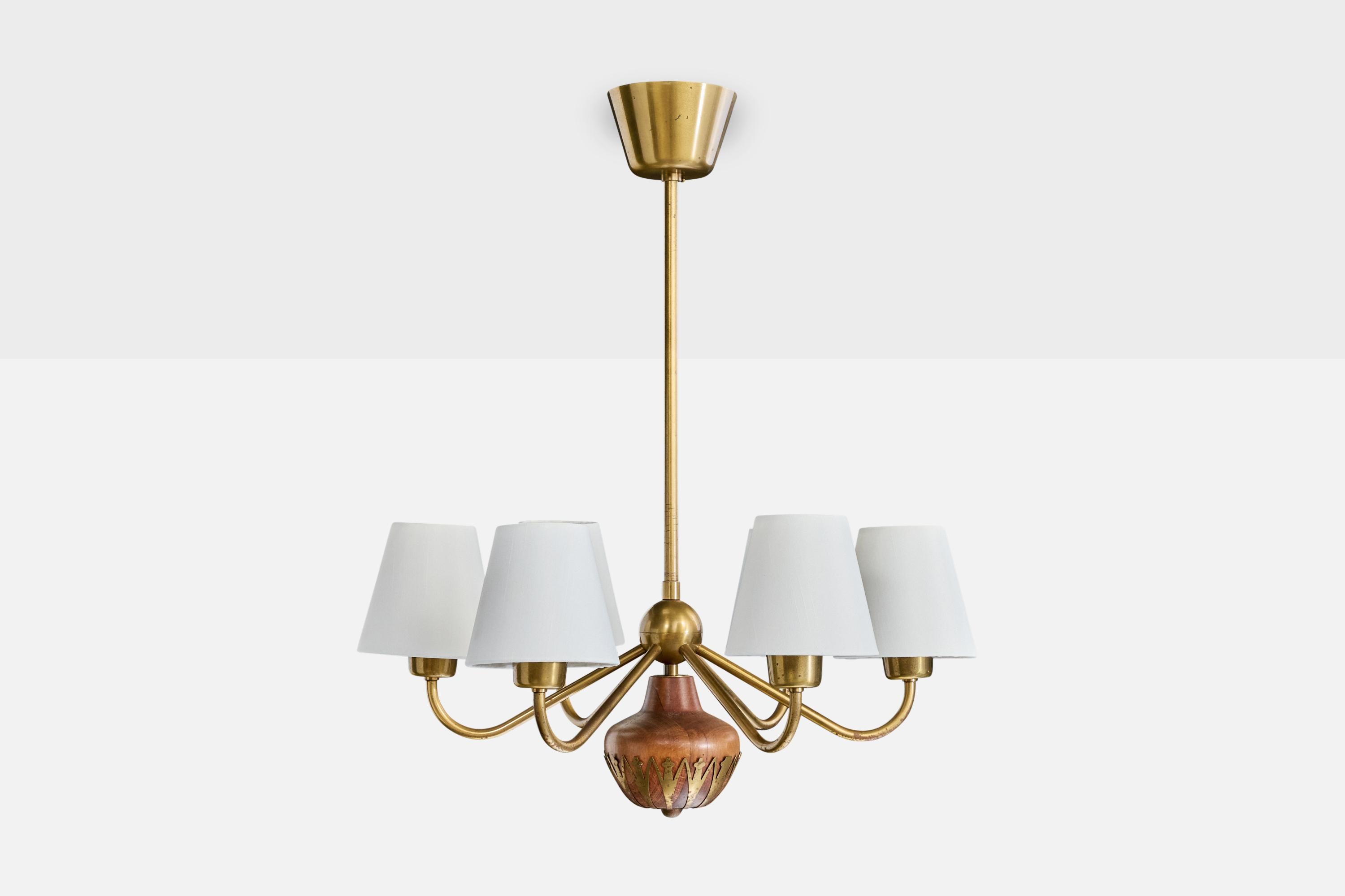 Scandinavian Modern Cebe, Chandelier, Brass, Wood, Fabric, Sweden, 1940s For Sale