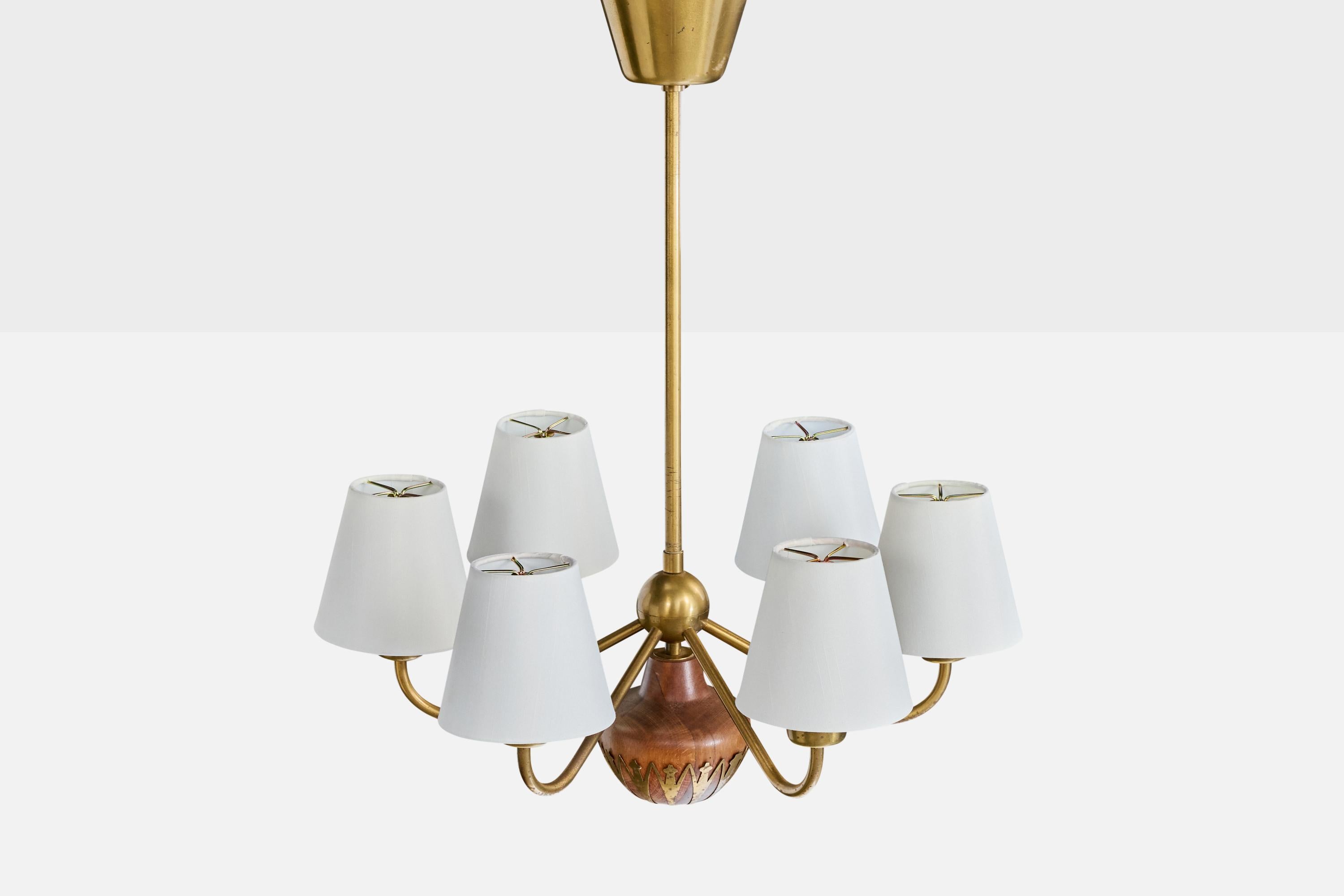 Swedish Cebe, Chandelier, Brass, Wood, Fabric, Sweden, 1940s For Sale