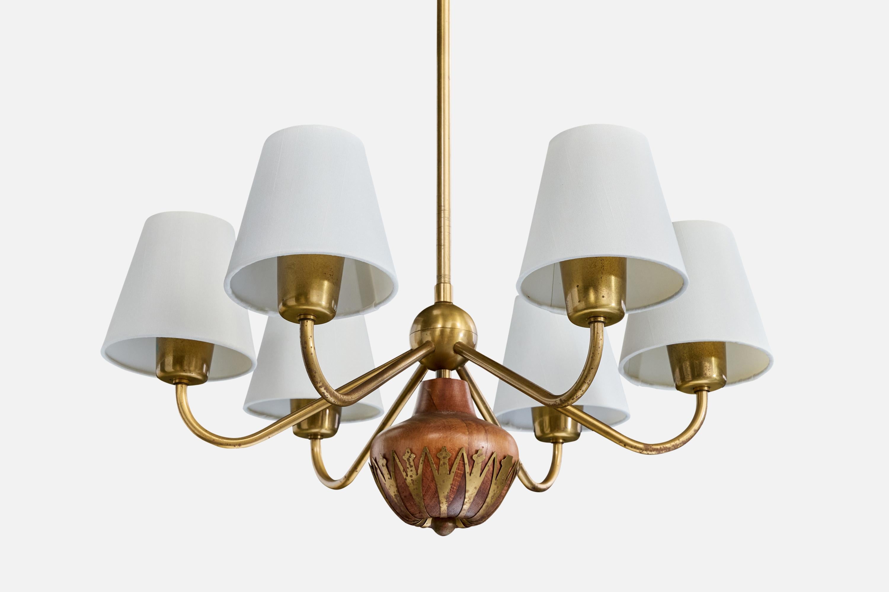 Cebe, Chandelier, Brass, Wood, Fabric, Sweden, 1940s In Good Condition For Sale In High Point, NC