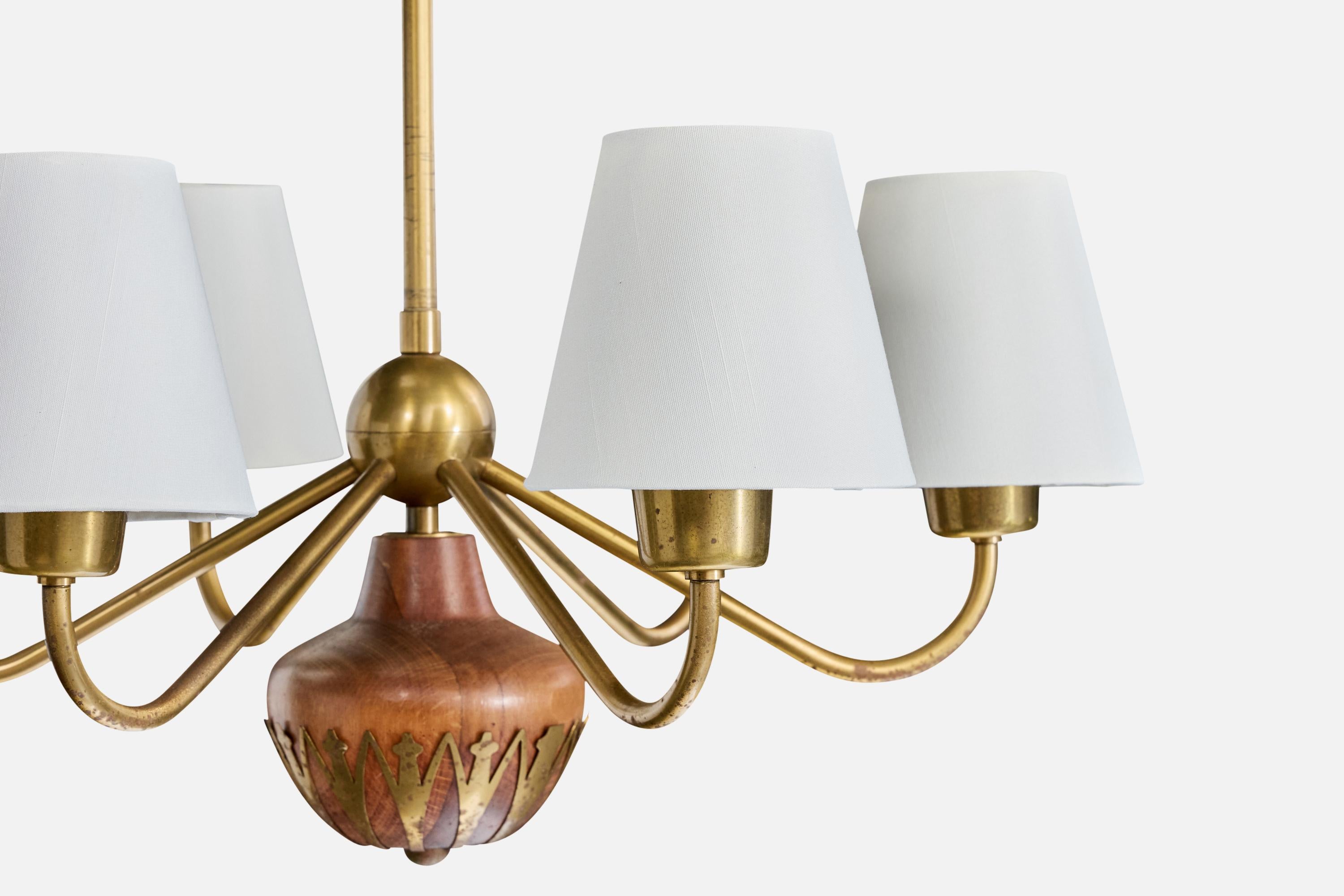 Mid-20th Century Cebe, Chandelier, Brass, Wood, Fabric, Sweden, 1940s For Sale