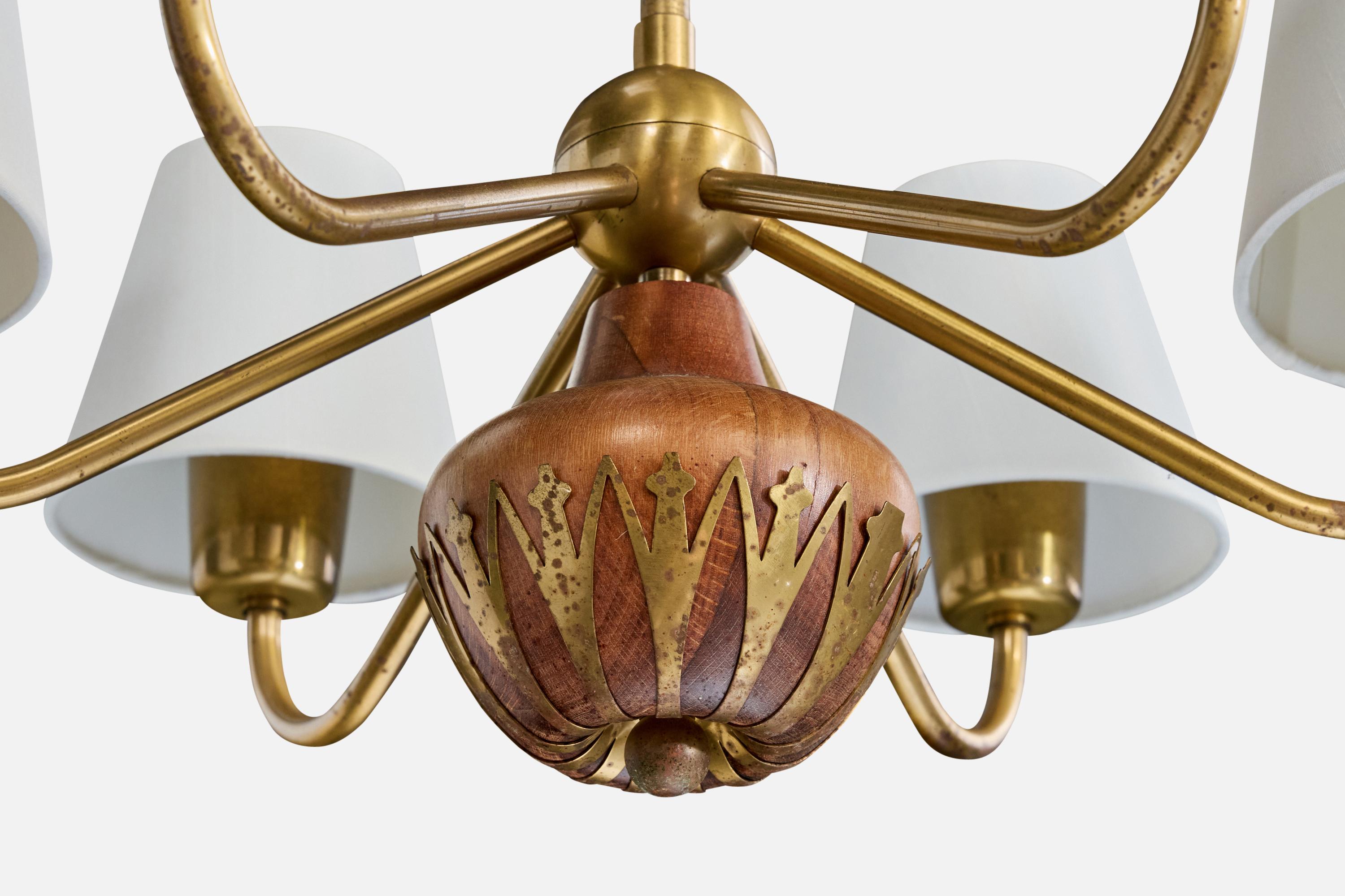Cebe, Chandelier, Brass, Wood, Fabric, Sweden, 1940s For Sale 1