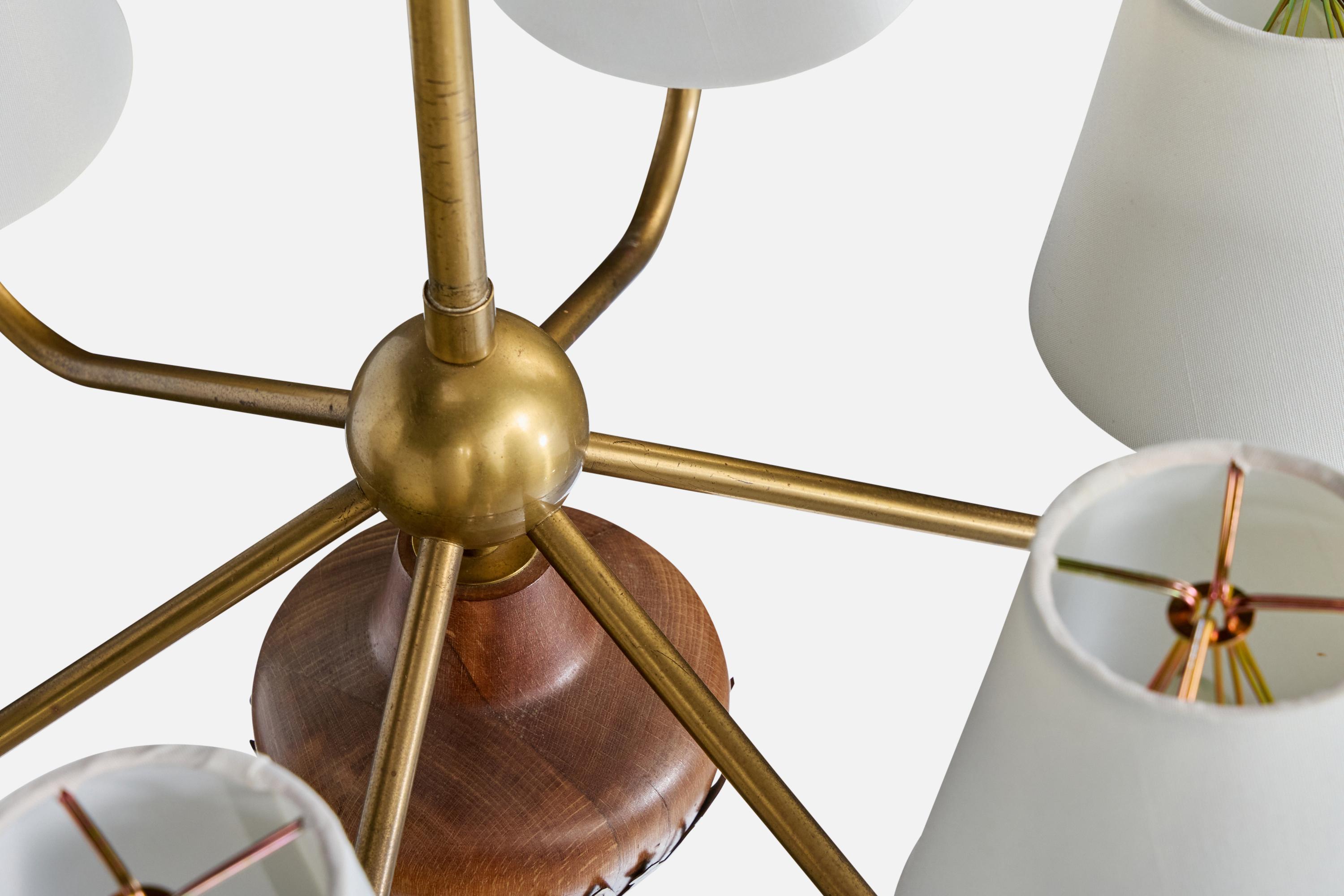 Cebe, Chandelier, Brass, Wood, Fabric, Sweden, 1940s For Sale 2