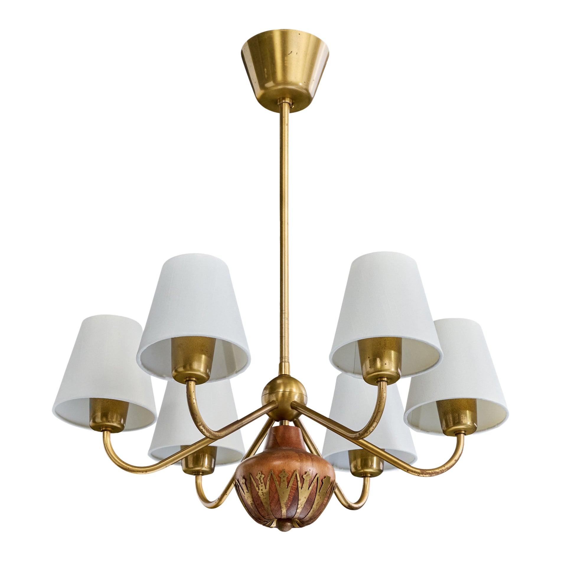 Cebe, Chandelier, Brass, Wood, Fabric, Sweden, 1940s For Sale