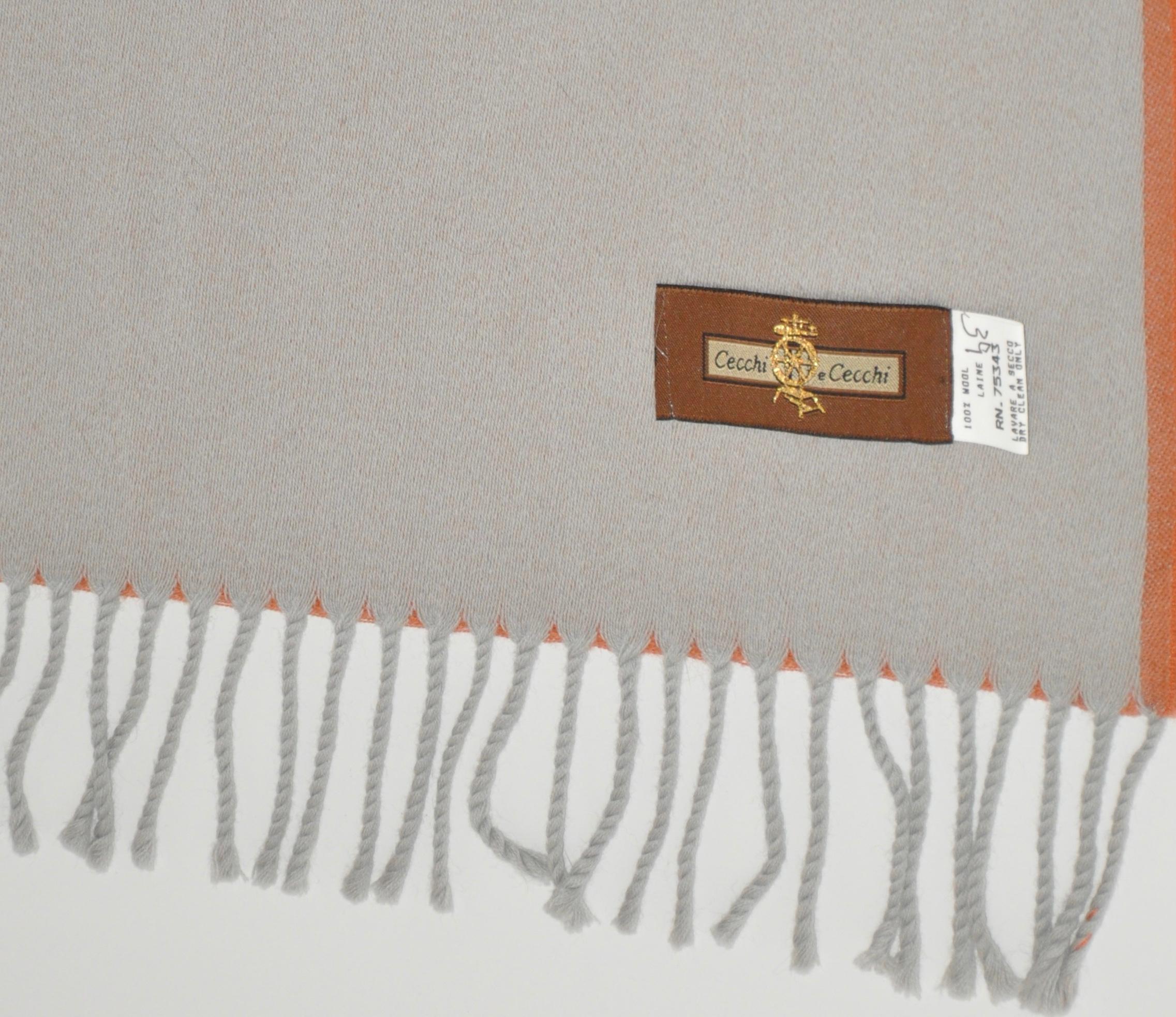 Orange Cecchi Cecchi Luxurious Warm Beige & Gray Fringe Wool Shawl For Sale