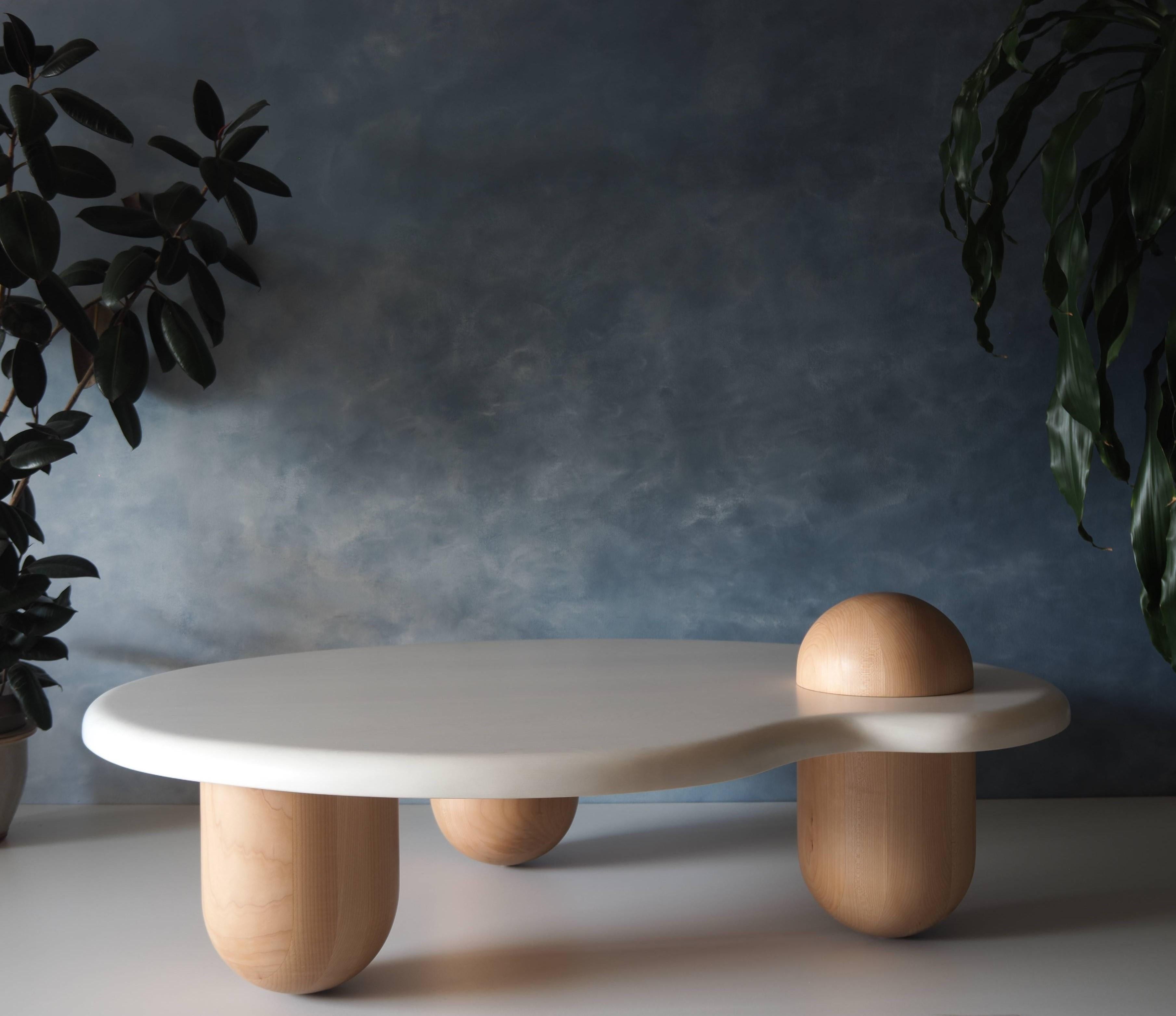 Our Palette coffee table was not designed to be used as a palette but feel free to use as you wish. The Solid maple legs are hand turned in our studio in Vancouver. The table tops whitewashed finish allows you to see the polished wood grain through
