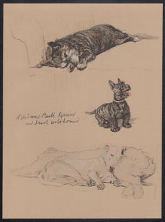 Aberdeens, Bull Terrier and Irish Wolfhound, Cecil Aldin 1930s  dog lithograph