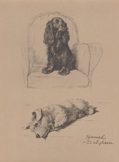 Spaniel y Sealyham, litografía de Cecil Aldin de 1930 sobre cachorros de perro
