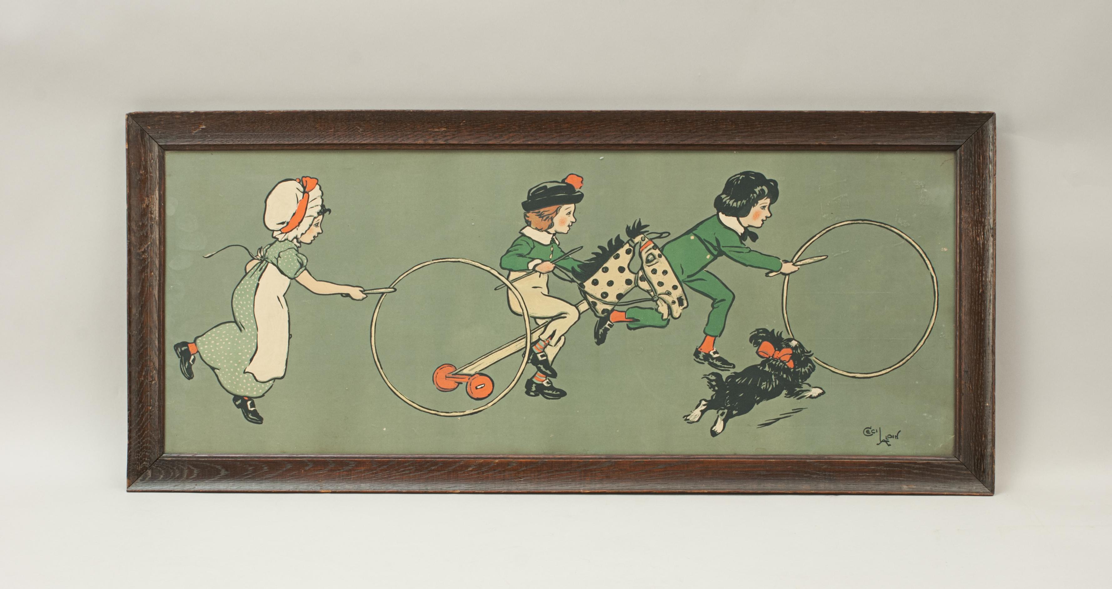 Cecil Aldin, boys and girls come out to play.
A good single chromolithograph from a set of 12 nursery friezes developed from designs which Aldin had painted on the walls of his children's nursery. This is called 'Boys and Girls Come Out to Play'