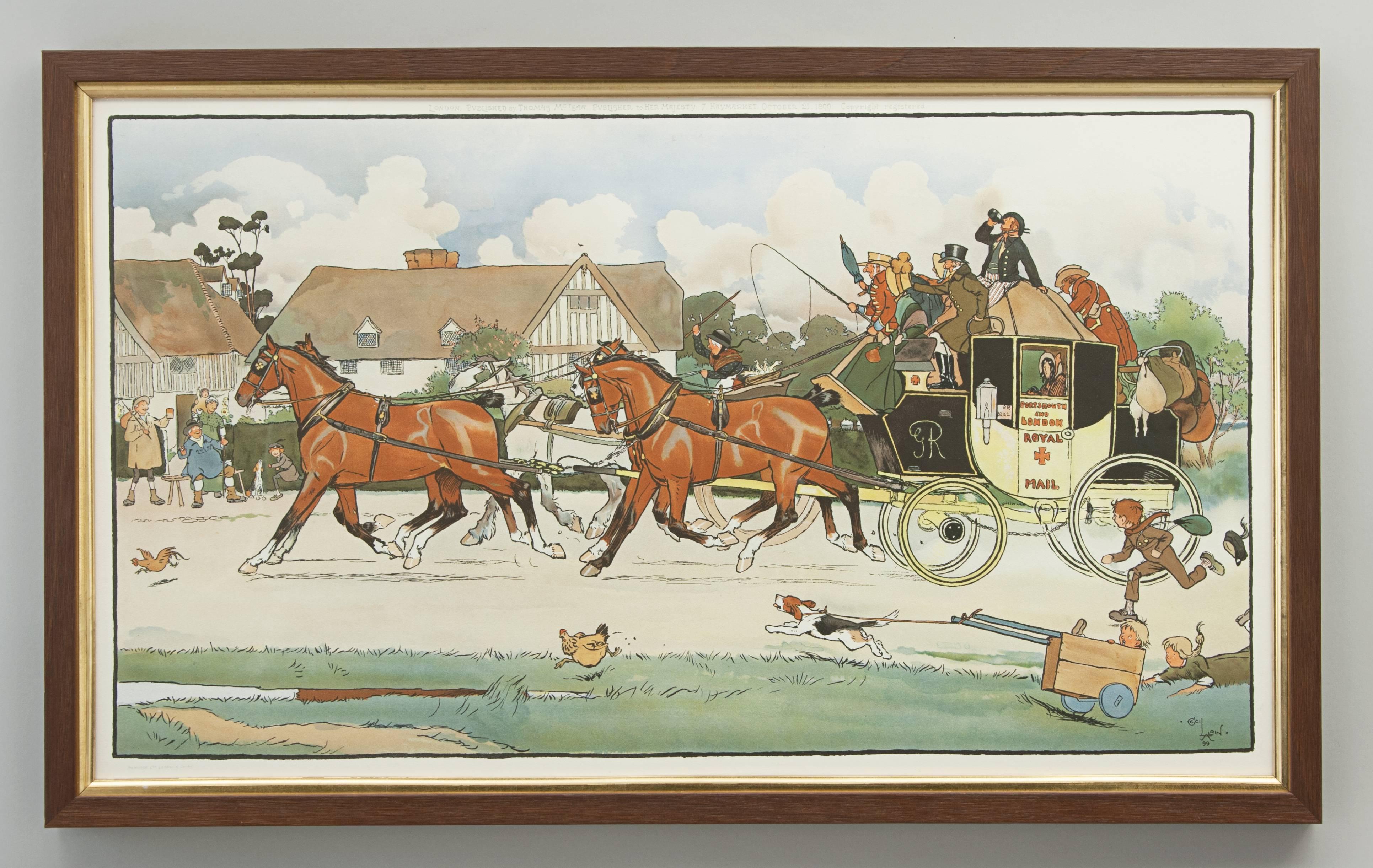 'The Race' by Cecil Aldin.
A colourful coaching chromolithographic print after Cecil Aldin entitled: The Race. London, Published by Thomas McLean, Publisher to Her Majesty, 7 Haymarket, October 21, 1899. Copyright registered. Bemrose Ltd., London &